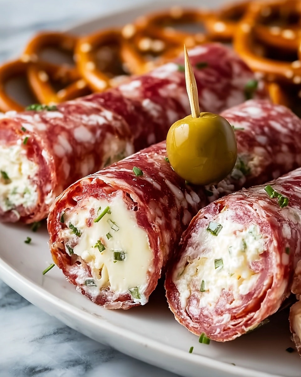 The image shows a close-up of several rolled slices of salami stuffed with creamy white cheese mixed with small green herbs and bits of red meat inside. One of the salami rolls is pierced with a small wooden pick holding a shiny green olive on top. The texture of the salami is marbled with white fat spots, while the cheese filling looks soft and smooth with visible herb pieces. The rolls are placed on a white plate, with a few brown pretzels scattered nearby on a white marbled surface. photo taken with an iphone --ar 4:5 --v 7