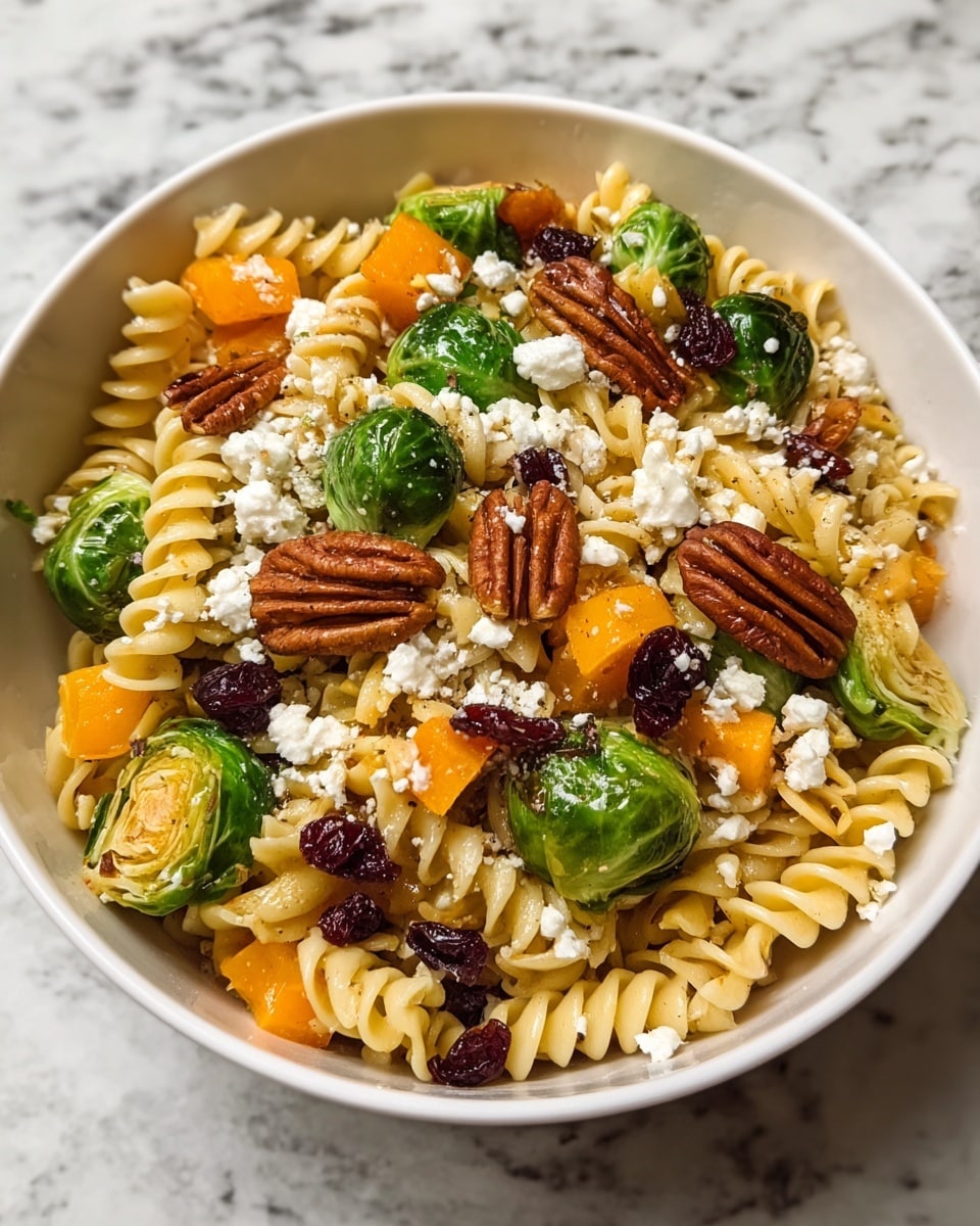 A white bowl filled with spiral pasta in a pale yellow color as the base layer. Scattered on top are bright green halved Brussels sprouts with a light roasted texture, small orange cubed pieces of butternut squash, and dark red dried cranberries. The next layer has toasted brown pecans and white crumbled cheese evenly spread over the dish, adding texture and contrast. The bowl sits on a white marbled surface. photo taken with an iphone --ar 4:5 --v 7