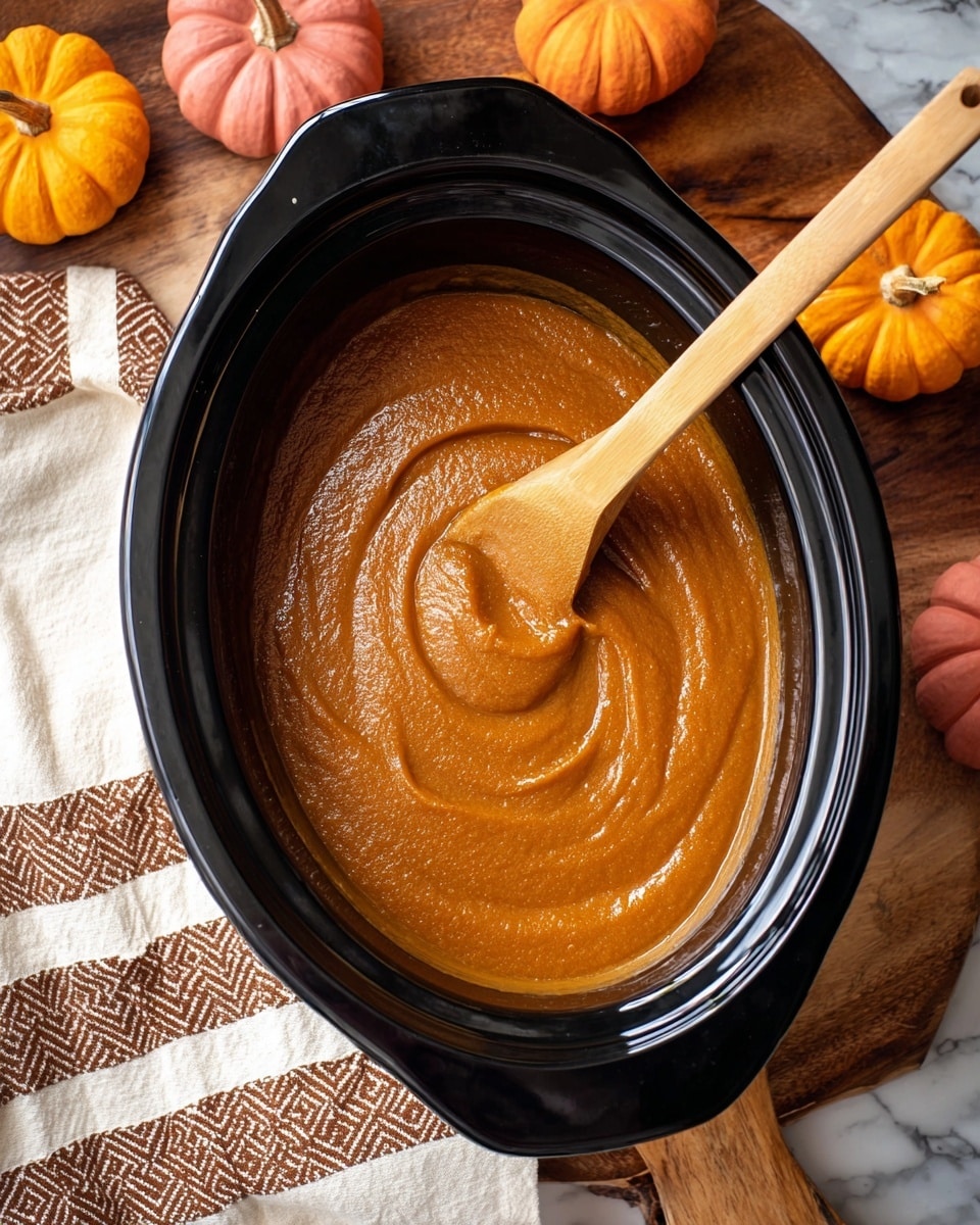 A thick, smooth pumpkin puree in a single layer fills a glossy black slow cooker oval pot, with gentle swirls made by a light brown wooden spoon resting inside the puree. Around the pot, small orange and pink pumpkins sit on a rustic wooden table, complemented by a white cloth with a brown checkered pattern draped in the corner. The whole scene is set against a white marbled texture. photo taken with an iphone --ar 4:5 --v 7
