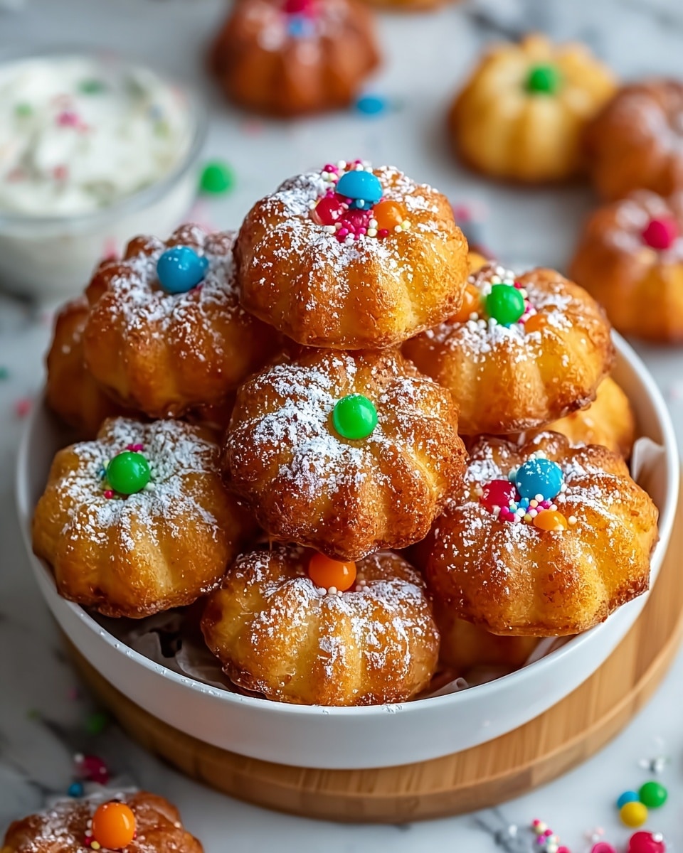 A white bowl filled with small, round, golden-brown mini bundt cakes stacked inside. Each mini cake is dusted lightly with white powdered sugar and decorated in the center with colorful small round sprinkles in green, red, blue, and orange. The bowl sits on a wooden coaster, against a white marbled textured surface with scattered colorful sprinkles and candy pieces around it, adding a festive look. Photo taken with an iphone --ar 4:5 --v 7