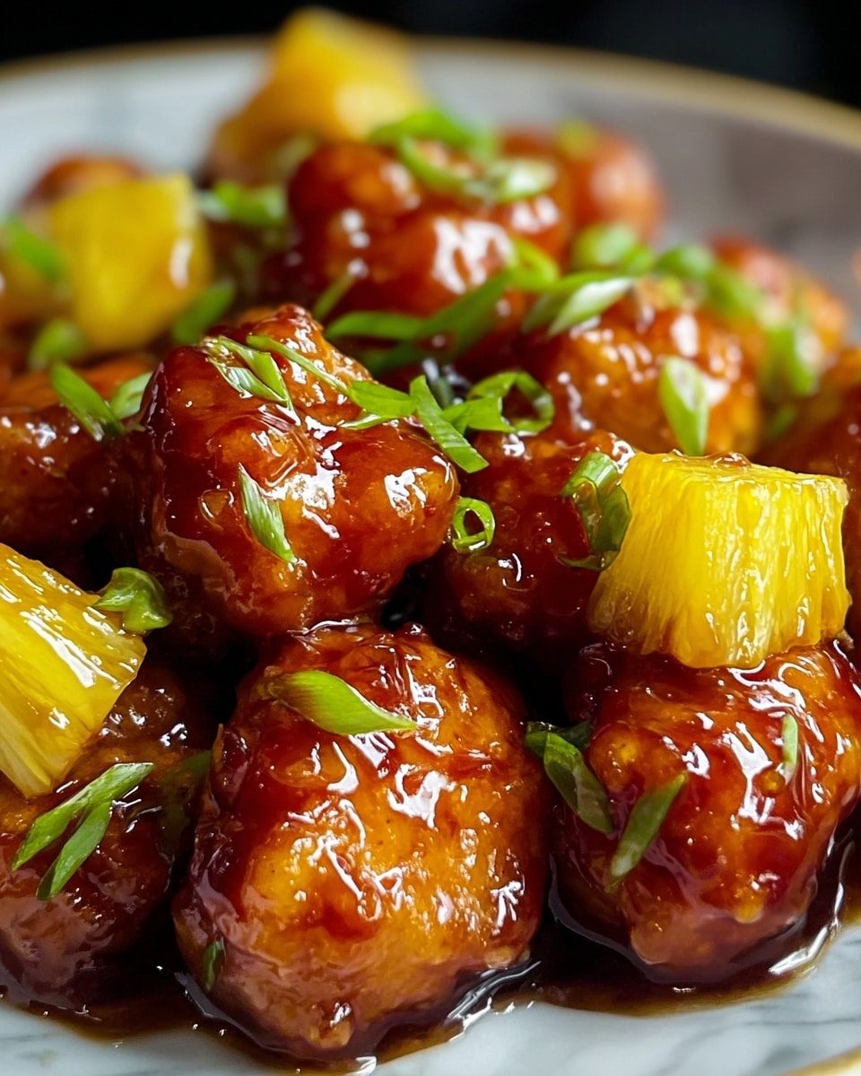 The image shows several glossy, golden-brown glazed chicken pieces coated in a thick, sticky sauce that looks sweet and savory. The chicken pieces are scattered with small chopped green onions, adding a fresh green color contrast. Among the chicken, there are bright yellow chunks of pineapple that are juicy and shiny. The dish sits on a white marbled surface, with light reflecting on the glistening sauce and pineapple pieces, making the food look very appetizing. Photo taken with an iphone --ar 4:5 --v 7