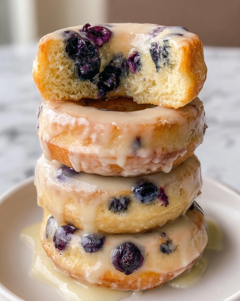 A stack of four glazed blueberry donuts is shown on a white plate with a white marbled background. The donuts have a shiny light beige glaze covering their tops and sides, dripping slowly down. The top donut is broken in half, revealing a soft, light yellow inside filled with whole blueberries, which show deep purple and blue colors. The blueberries are scattered inside the donuts, visible around the edges of the stack. The texture looks moist and fluffy, contrasting with the smooth glaze. Photo taken with an iphone --ar 4:5 --v 7