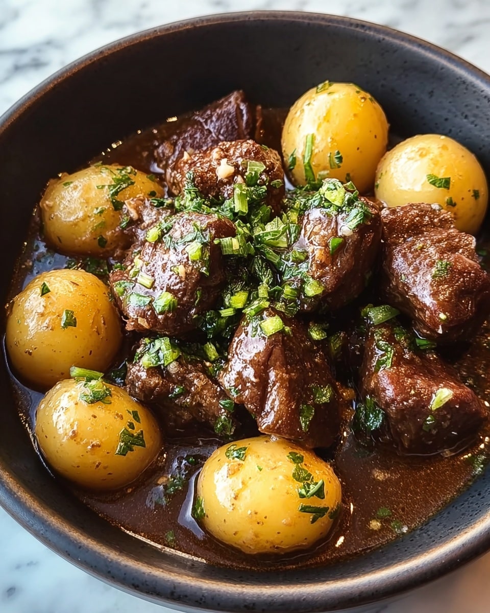 The image shows a close-up of a dish with chunks of dark brown cooked beef and small round light yellow potatoes in a glossy brown sauce. The beef pieces have a juicy texture and are sprinkled with fresh green chopped herbs. The potatoes appear tender and are also garnished with herbs. The food is served inside a dark bowl placed on a white marbled surface. photo taken with an iphone --ar 4:5 --v 7