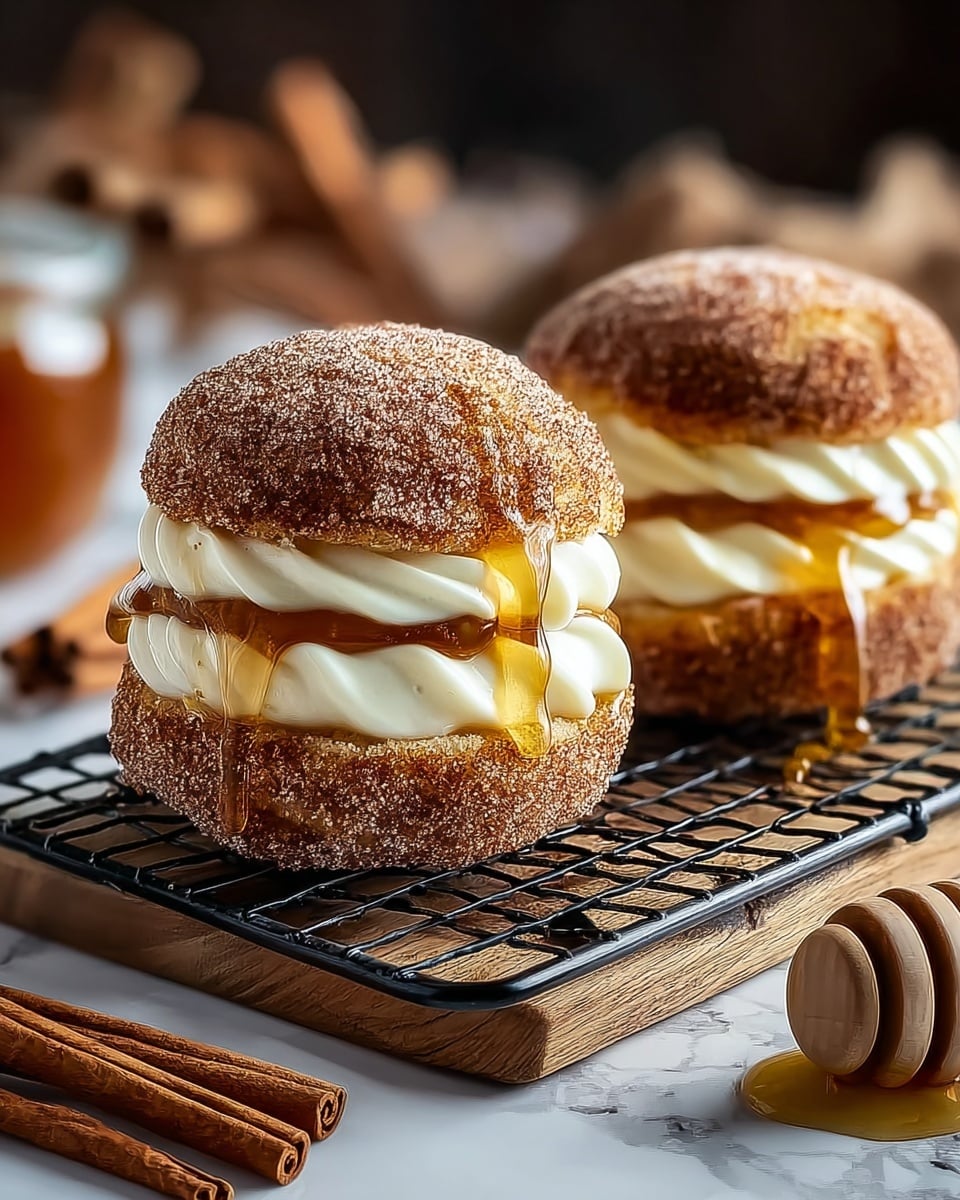 The image shows two sandwich-like pastries placed side by side on a black cooling rack atop a wooden board. Each pastry has three layers: the bottom and top are round, sugar-coated buns with a rough, cinnamon-sugar texture, while the middle layer shows thick, creamy white frosting swirled smoothly. Above the frosting, there is a sticky, glossy honey-like drizzle that slightly drips down the frosting. The background has soft focus with brown cinnamon sticks on the left and a honey dipper on the right, all set on a white marbled surface. photo taken with an iphone --ar 4:5 --v 7