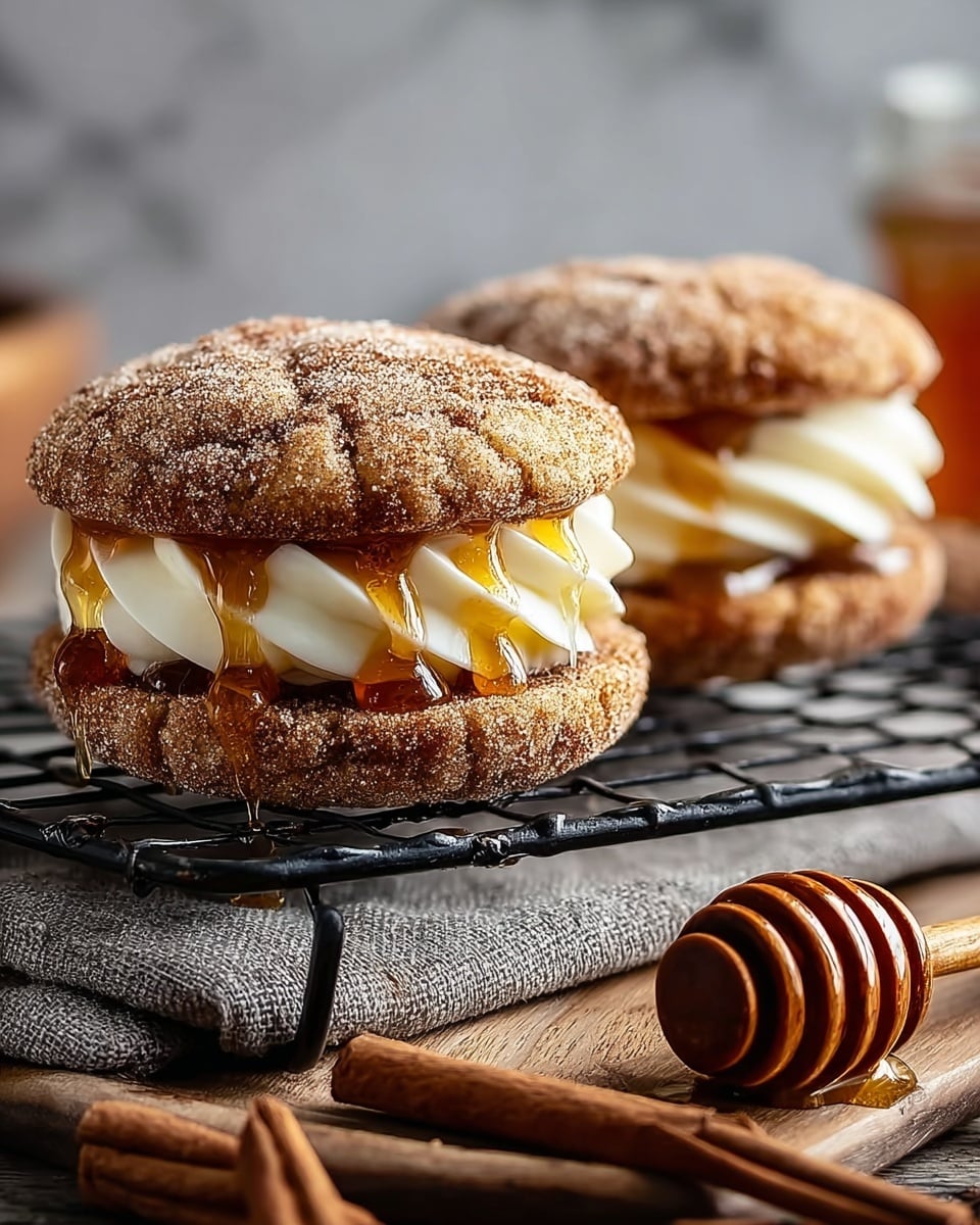 The image shows two soft sandwich cookies placed on a black wire rack over a wooden board. Each sandwich cookie has three main layers: the top and bottom cookies are light brown with a sugar and cinnamon coating giving a grainy texture, and the middle layer is creamy white with thick swirls of smooth frosting. On top of the frosting, there is a sticky, amber-colored honey drizzle that runs slightly down the sides. In the foreground, to the right of the cookies, a wooden honey dipper and some cinnamon sticks are visible on a grey cloth, with a blurred white marbled surface background. photo taken with an iphone --ar 4:5 --v 7