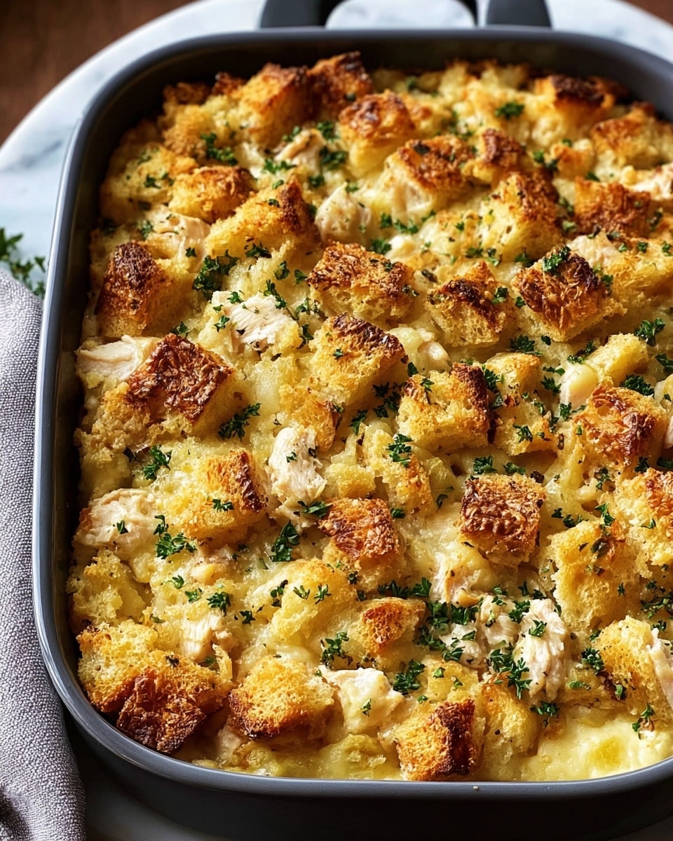 A baked casserole is shown in a dark gray rectangular dish set on a white marbled surface with a cloth nearby. The dish has at least three visible layers: the bottom layer appears creamy and smooth with a pale yellow color, the middle layer contains chunks of white chicken meat, and the top layer consists of golden-brown toasted bread pieces with a crispy texture sprinkled with small green herb bits. The top is evenly browned with some parts showing slight darker toasting. Photo taken with an iphone --ar 4:5 --v 7