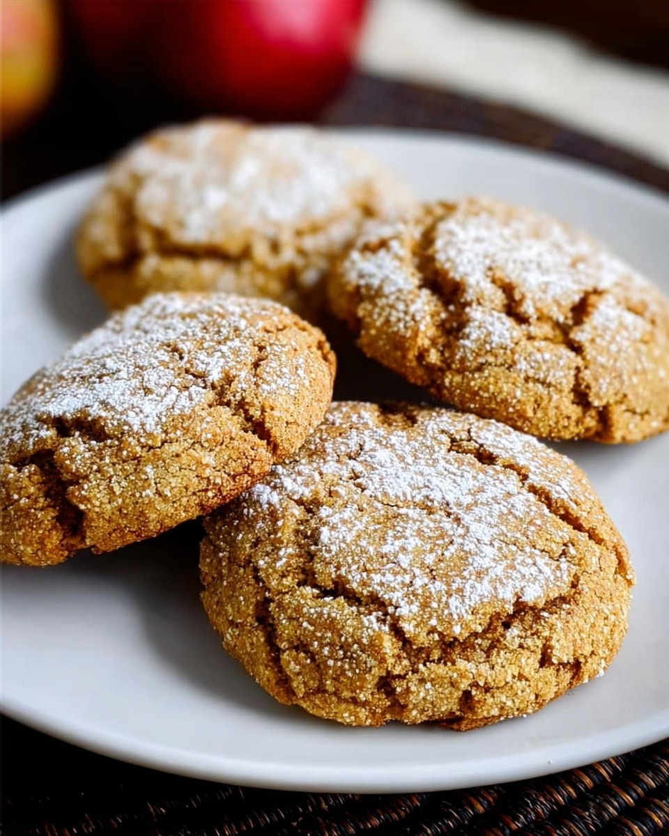 Four round, golden brown cookies with cracked tops are arranged closely on a white plate. Each cookie has a slightly rough texture with a light dusting of white powdered sugar, adding a soft contrast on the warm tones of the cookies. The plate rests on a dark woven mat, with a blurred red fruit in the background. The white marbled surface underneath adds a clean and simple touch to the scene. photo taken with an iphone --ar 4:5 --v 7
