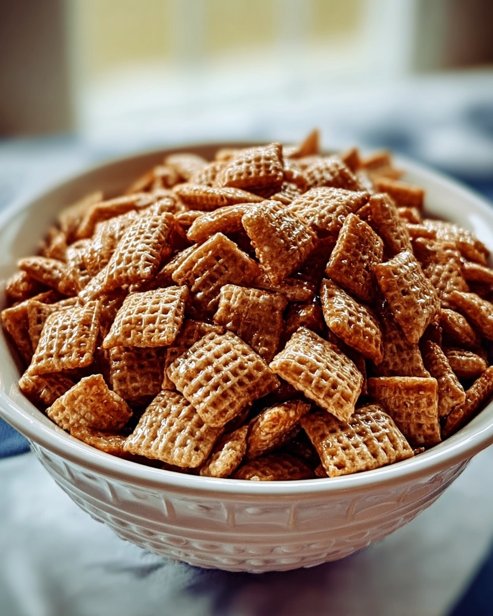 A close-up view of a white bowl filled to the top with small, square, golden brown cereal pieces that have a shiny, glazed surface and a waffle-like texture. The bowl sits on a white marbled surface with soft natural light illuminating the scene from the back, creating a warm and cozy feel. The background is gently blurred to keep the focus on the cereal’s texture and the bowl’s subtle shadow. photo taken with an iphone --ar 4:5 --v 7