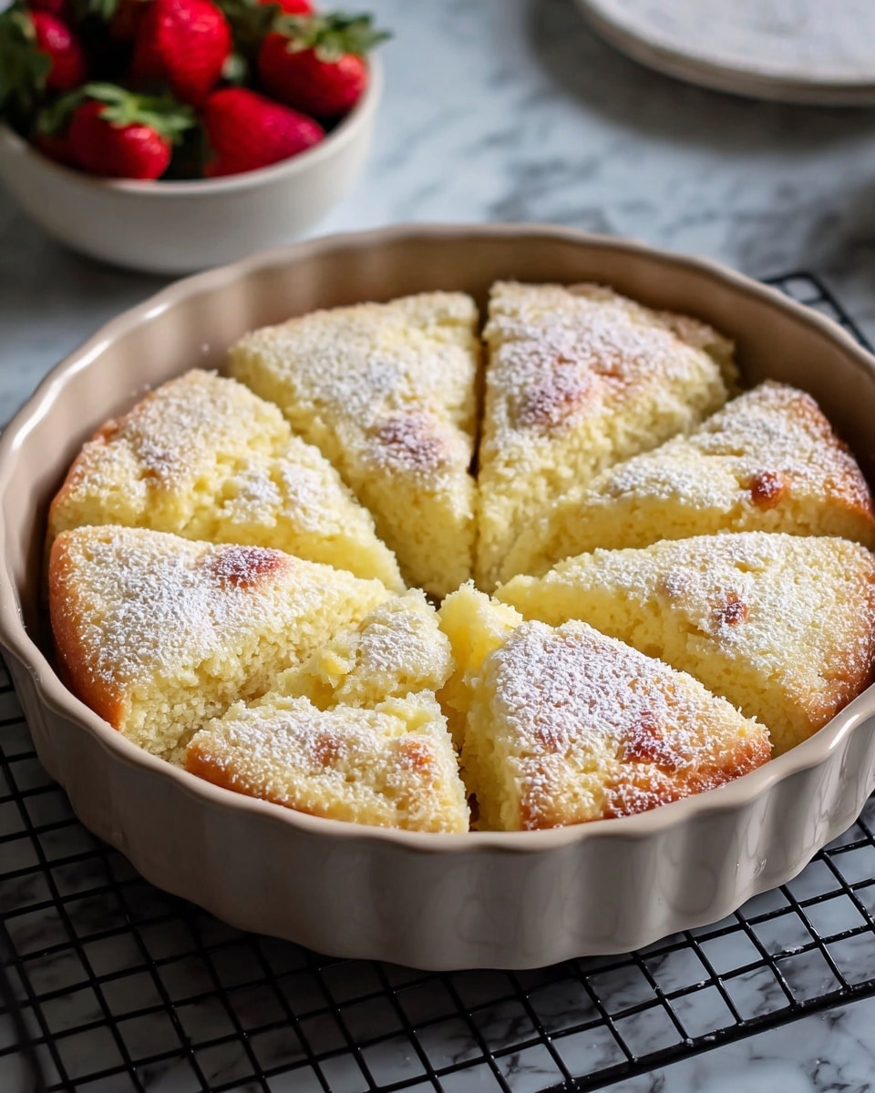 A round, soft cake is cut into nine pieces inside a white ceramic pan with fluted edges. The cake has a fluffy, light yellow texture with slightly browned spots on top. A dusting of powdered sugar covers the surface evenly, enhancing the cake’s soft and airy look. The pan sits on a black metal cooling rack placed on a white marbled texture surface. In the blurred background, a white bowl filled with bright red strawberries with green leaves adds a splash of color. Photo taken with an iphone --ar 4:5 --v 7