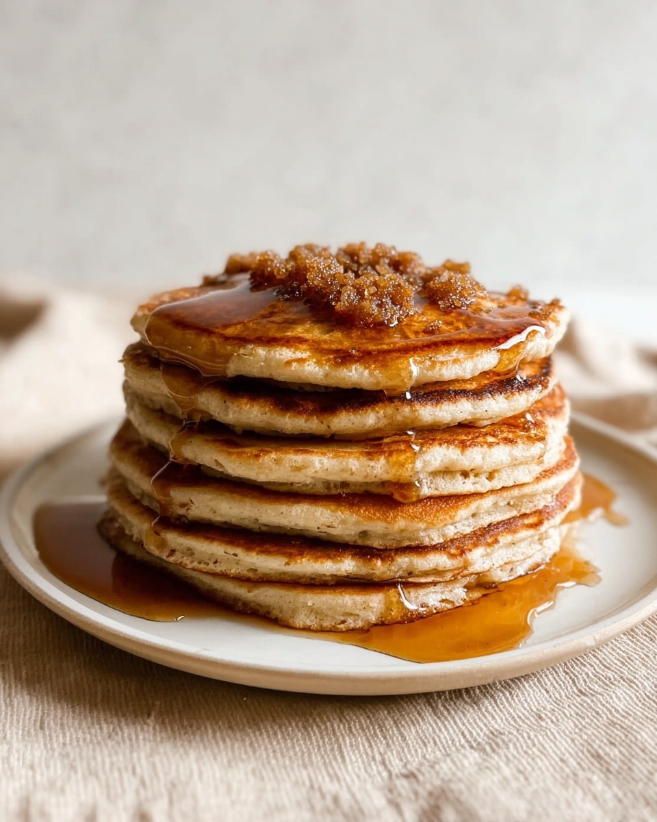 A close-up view of a stack of six pancakes with a light brown color and slightly textured surface, showing clear, even layers. The pancakes have a dollop of melted butter on top that is beginning to drip down the sides. There are clusters of dark brown sugar granules scattered over the top, and golden syrup is flowing down the right side of the stack, creating shiny, sticky streaks. The stack sits on a white plate, placed on a white marbled surface, with some sugar crystals scattered around. Photo taken with an iphone --ar 4:5 --v 7