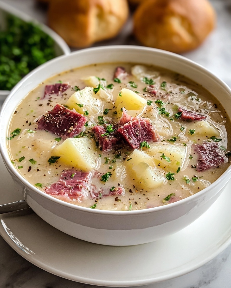 A white bowl filled with creamy soup that has three main layers visible: the light beige creamy broth forms the base layer, filled with soft, pale yellow potato cubes floating throughout, and dark pink pieces of corned beef scattered evenly in the soup. There are translucent onion slices mixed inside, with a sprinkle of finely chopped green parsley and cracked black pepper spread on top for texture and color contrast. The bowl rests on a white saucer, placed on a white marbled surface, with two blurred round bread rolls and some green herbs visible softly in the background. Photo taken with an iphone --ar 4:5 --v 7