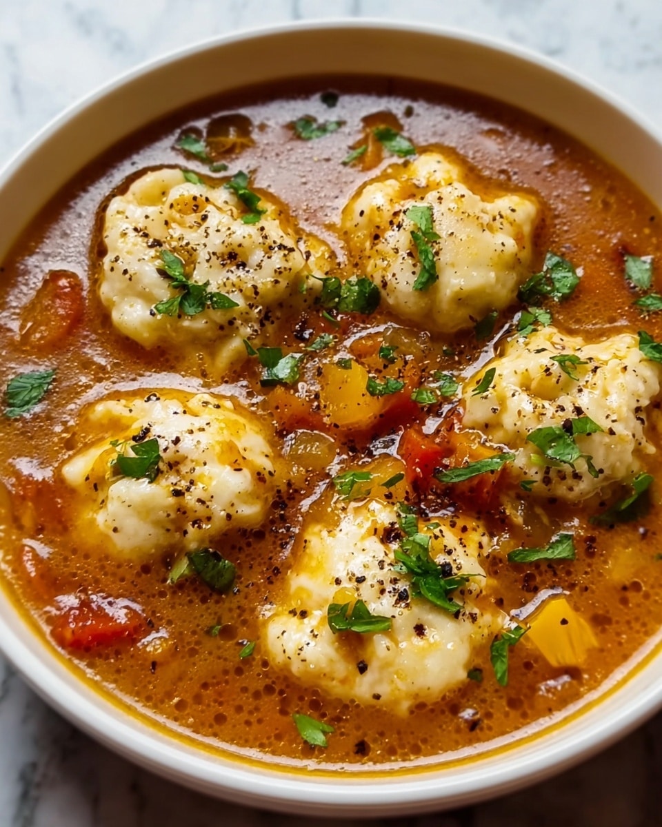 The image shows a deep white bowl filled with a rich, orange-brown broth containing small chunks of red and yellow vegetables. Floating in the soup are five soft, off-white dumplings with a slightly bumpy texture, each sprinkled with black pepper. Fresh green herbs are scattered on top, adding a touch of color and freshness. The broth looks slightly thickened and glossy, with tiny bits of seasoning visible throughout, and the bowl is placed on a white marbled surface. photo taken with an iphone --ar 4:5 --v 7