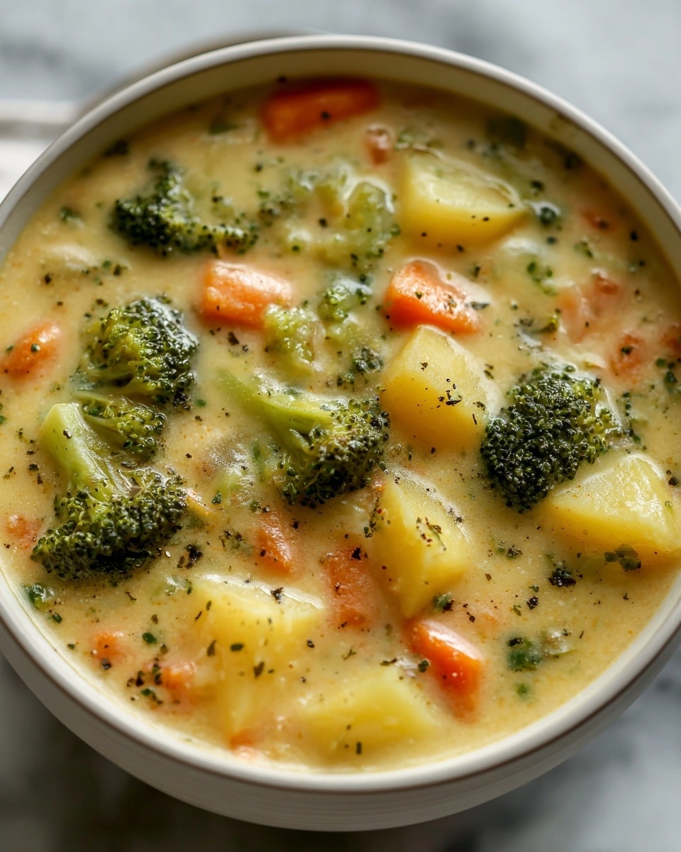 A close-up view of a bowl filled with creamy vegetable soup showing three main layers of ingredients: bright green broccoli florets, orange carrot slices, and soft yellow potato cubes, all mixed in a thick, creamy beige broth speckled with black pepper and tiny green herb pieces. The soup has a smooth texture with visible chunks of vegetables evenly spread throughout, and it sits in a plain white bowl on a white marbled surface. The lighting highlights the freshness and warmth of the soup, giving it an inviting look. Photo taken with an iphone --ar 4:5 --v 7