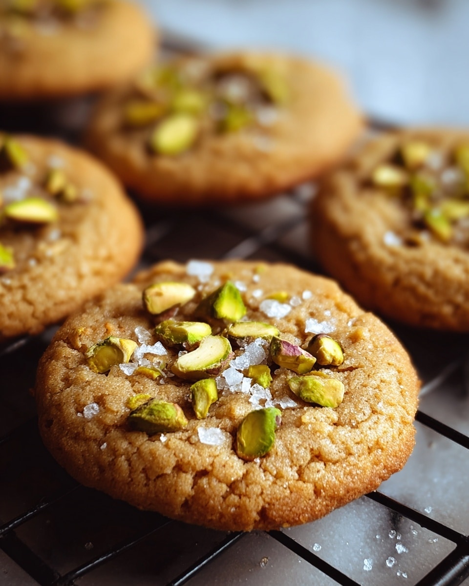 The image shows a close-up of soft golden brown cookies with a slightly cracked texture. Each cookie has a rough round shape and is topped with scattered green pistachio pieces and coarse white salt crystals. The cookies are placed on a black wire rack resting on a white marbled surface, with the background softly blurred, highlighting the front cookie in focus. The lighting emphasizes the warm tones and crunchy toppings of the cookies. photo taken with an iphone --ar 4:5 --v 7