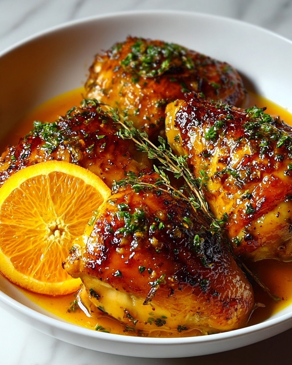The image shows three pieces of roasted chicken with crispy, golden-brown skin, glistening with a shiny glaze and sprinkled with fresh green herbs. The chicken is placed in a white bowl, partially covered by an orange sauce. A bright orange slice with visible texture and seeds sits in the front left of the bowl, partly overlapping the chicken. The white bowl rests on a white marbled surface. photo taken with an iphone --ar 4:5 --v 7