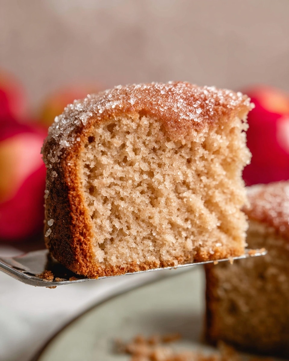 The image shows a close-up of a single slice of a moist, light brown cake with a soft, crumbly texture. The cake has one main layer with a slightly darker crust around the edges, coated with a granulated sugar topping that sparkles in the light. The slice is held up on a metal cake server above a white plate. In the blurred background, there are red apples adding a warm touch to the scene, all set on a white marbled surface. photo taken with an iphone --ar 4:5 --v 7