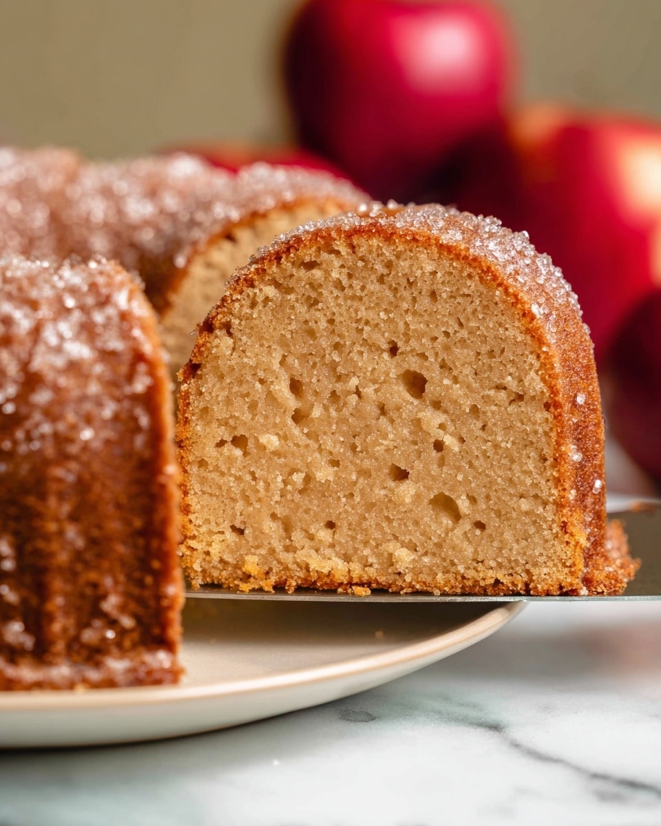 A close-up of a round cake with one slice cut out, showing a soft, light brown, moist interior texture with small air holes spread evenly throughout; the outer edge is darker brown and coated with a sparkling layer of sugar crystals, giving it a crunchy look. The cake is held up by a metal spatula above a white plate, and in the background, there are blurred red apples on a white marbled surface. Photo taken with an iphone --ar 4:5 --v 7