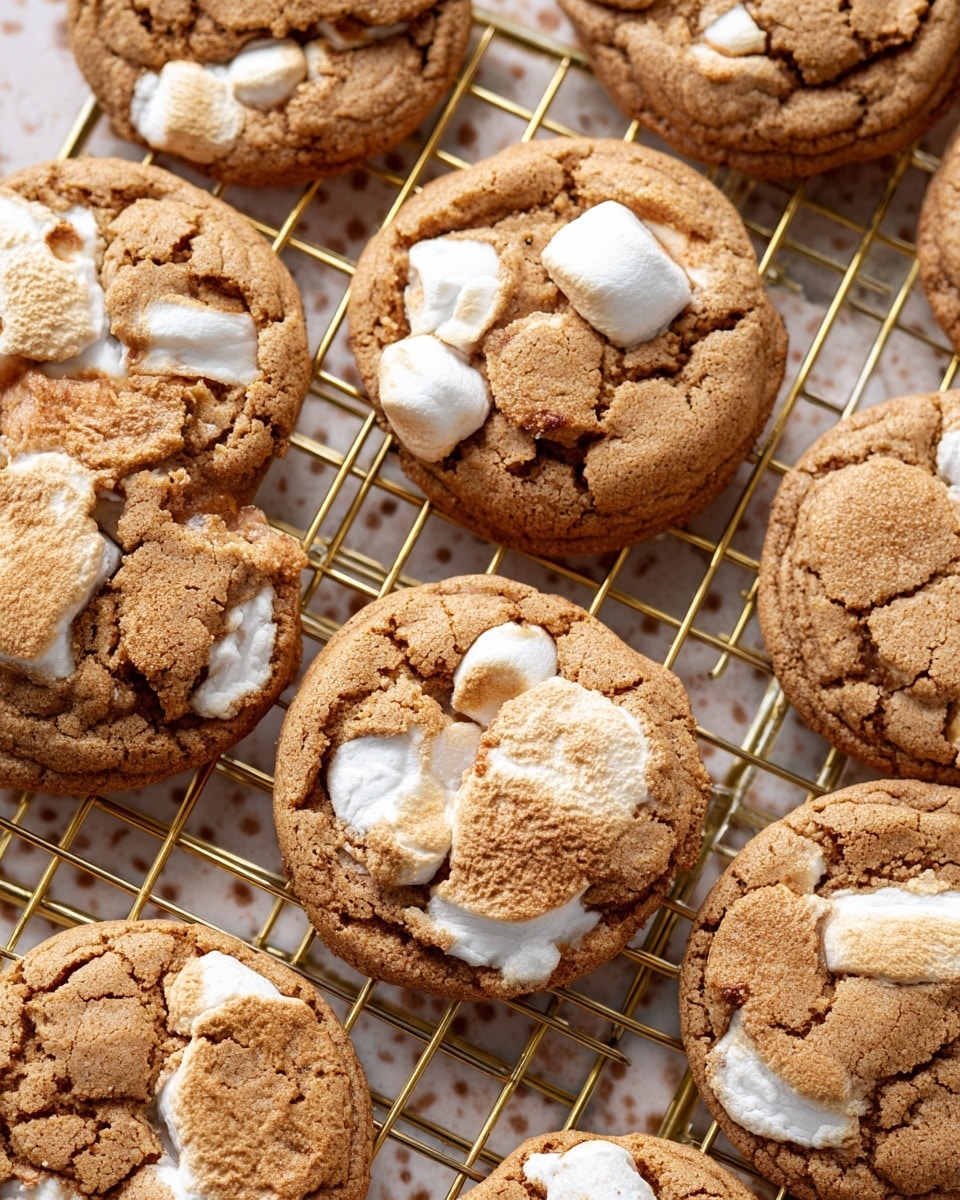 The image shows multiple round cookies with a light brown cracked surface revealing soft, melting white marshmallow pieces inside. The cookies are arranged closely on a gold wire cooling rack placed against a white marbled texture. Marshmallows peek out from both the top and the sides of the cookies, creating a soft, gooey contrast to the slightly firm, textured cookie dough. The photo highlights the warm, chewy quality of the sweets with a clear view of their uneven yet inviting shapes. Photo taken with an iphone --ar 4:5 --v 7