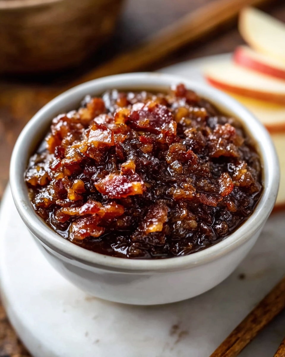 A small white bowl filled with a chunky, dark brown relish made of finely chopped bacon or meat pieces mixed in a thick, glossy sauce. The relish has a rich, wet texture with bits of red and amber from the cooked meat glistening under soft light. The bowl sits on a white marbled surface with other blurred objects like wooden chopsticks and slices of apple nearby. photo taken with an iphone --ar 4:5 --v 7