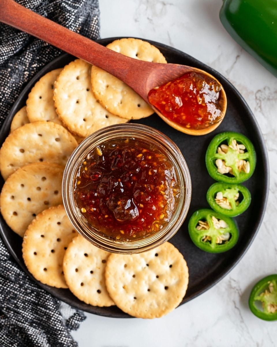 A round black plate holds a circular arrangement of light brown crackers with small holes in the center, forming the base layer. On top of these crackers is a clear glass jar filled with a thick, glossy reddish-brown jelly that has visible seeds and small bits inside. To the right of the jar, a whole smooth green jalapeño pepper and three round slices of the jalapeño lie flat on the plate. A wooden spoon with a reddish-brown handle is held above the jar by a woman's hand, showing a layer of the same sticky jelly glistening on it. The plate sits on a white marbled surface with a black and white cloth partially visible nearby. Photo taken with an iphone --ar 4:5 --v 7