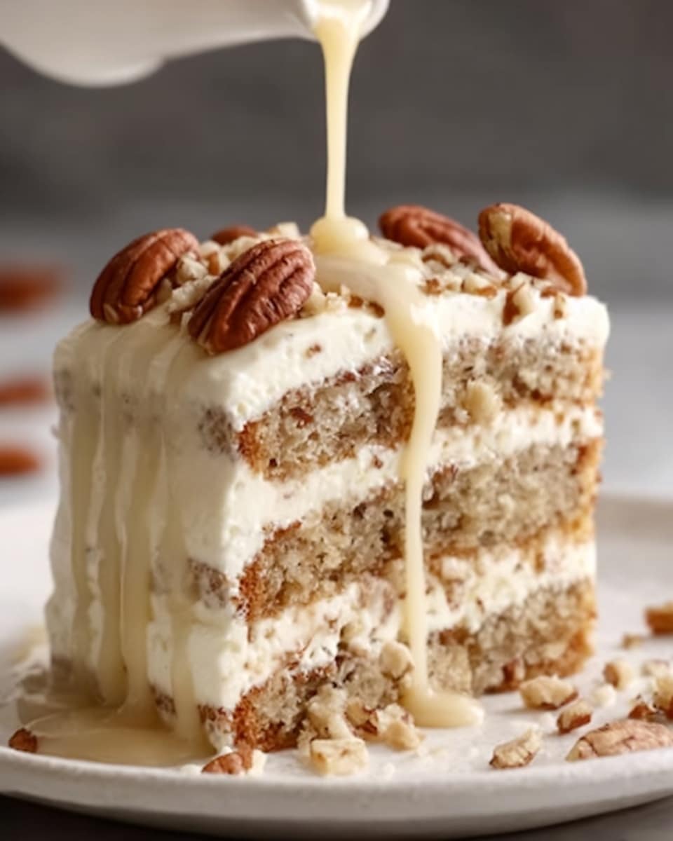 A close-up of a slice of layered nut cake on a white plate, showing three visible layers of moist cake with chopped nuts inside. Between each cake layer is a thick, creamy white frosting with a smooth texture. The top layer is covered with the same white frosting, topped with whole pecans arranged around the edges. A drizzle of light caramel sauce is being poured over the top, running down the sides. The background features a white marbled texture, creating a clean and simple contrast. Photo taken with an iphone --ar 4:5 --v 7