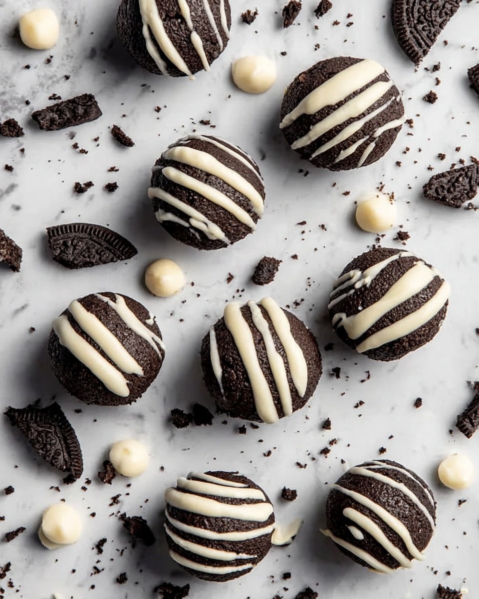 The image shows nine small round dark chocolate balls, each drizzled with white chocolate in lines across the top. They are placed on a white marbled surface with scattered broken pieces of dark chocolate cookies and white cookie cream around them. The chocolate balls have a rough texture with the white drizzles adding a smooth contrast. There are also a few small white dollops of cream in between the balls. The arrangement is neat but casual, with some cookie pieces lying close to the balls. Photo taken with an iphone --ar 4:5 --v 7