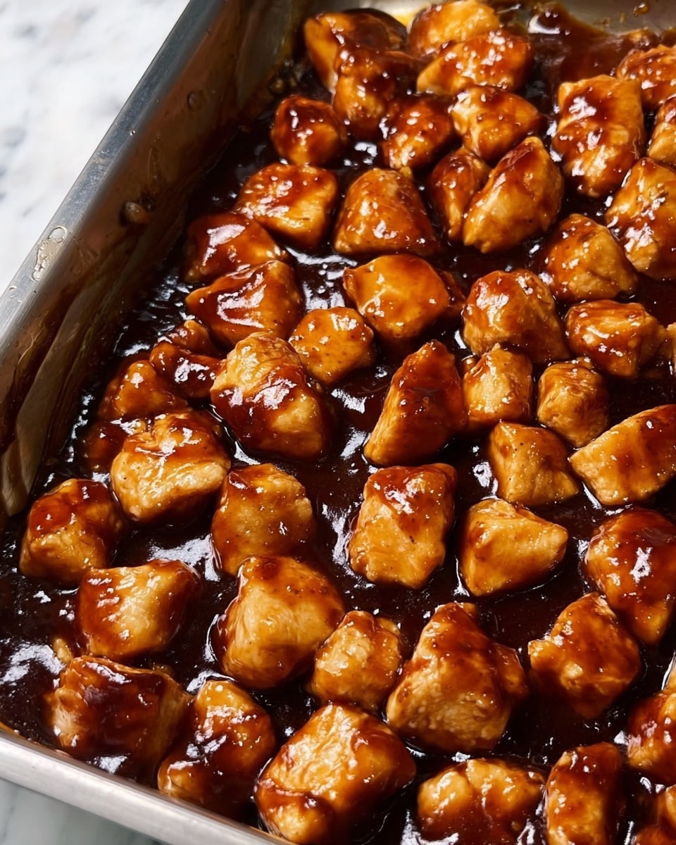 The image shows many chunks of cooked chicken covered in a thick, shiny dark brown sauce, filling a metal pan. The chicken pieces are small, irregular cubes with a golden-brown color underneath the sauce, and the sauce coats each piece evenly, making them look glossy and juicy. The pan has some sauce pooling around the chicken, and its edges show slight browned marks from cooking. The background is a white marbled texture. photo taken with an iphone --ar 4:5 --v 7