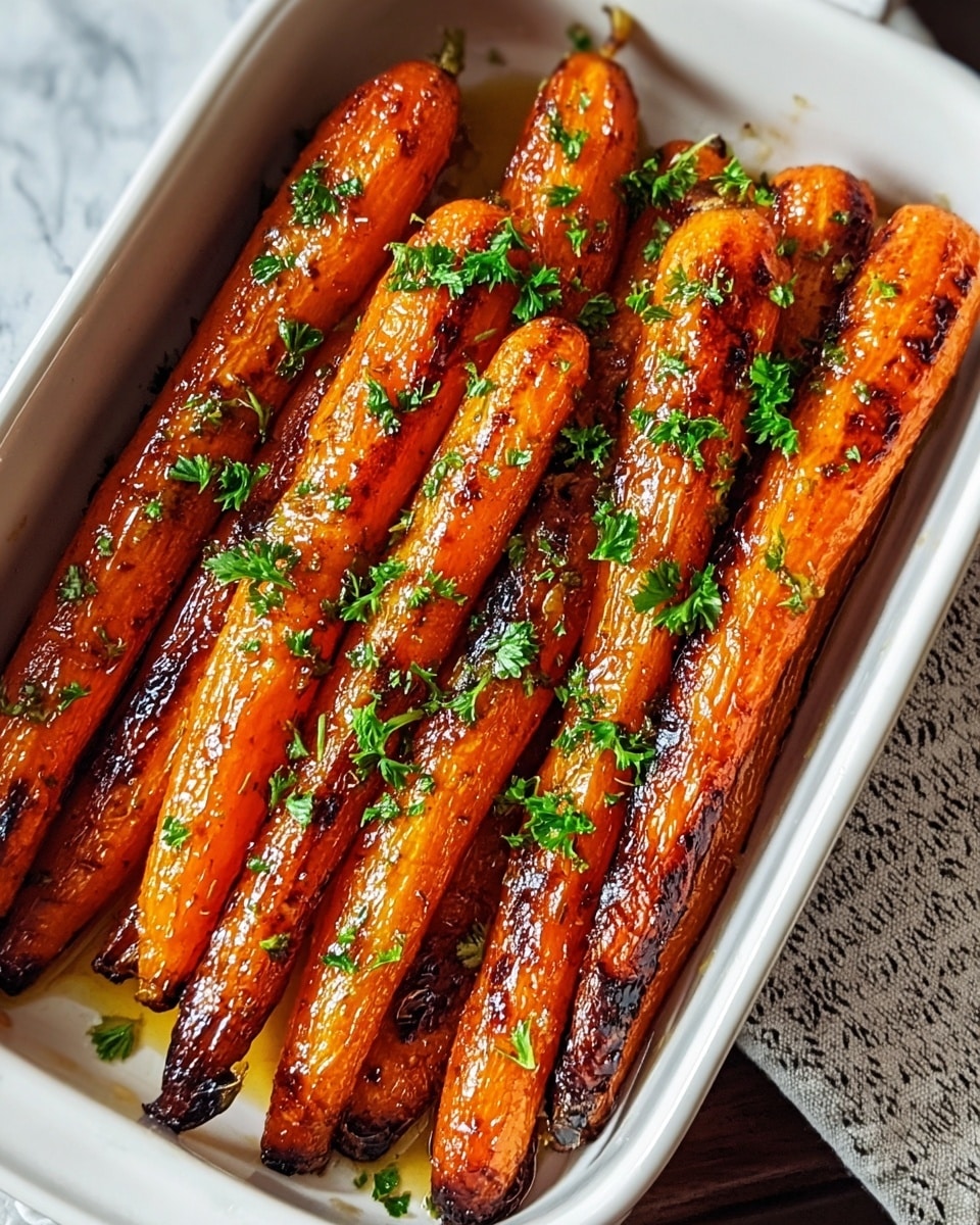 The image shows a white rectangular dish filled with about ten long, glazed roasted carrots arranged side by side. The carrots have a shiny, caramelized orange surface with darker brown grilled marks and a slightly crispy texture. Bright green small parsley leaves are sprinkled evenly on top, adding a fresh contrast. The carrots are coated with a light layer of sauce or oil that reflects light, giving them a glossy look. The dish sits on a white marbled surface with a faint patterned cloth nearby. Photo taken with an iphone --ar 4:5 --v 7