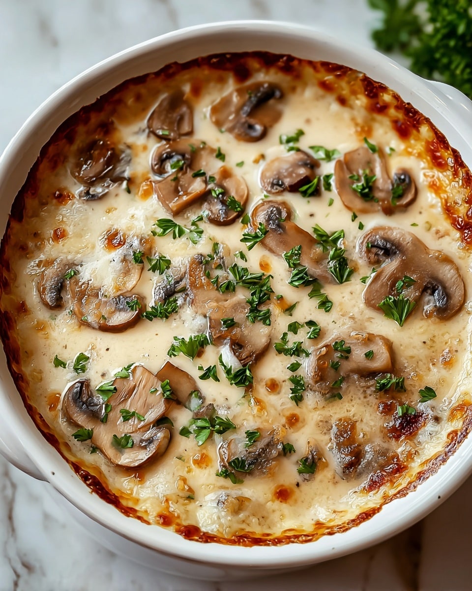 A white round dish filled with creamy mushroom soup showing visible slices of soft brown mushrooms spread evenly on the top layer, floating in a thick, pale beige sauce. The soup surface has a slightly browned, bubbly edge around the rim of the dish, giving a baked look. Small green parsley leaves are scattered across the top, adding a fresh contrast of color to the creamy base. The dish is set on a white marbled surface, creating a bright and clean background. photo taken with an iphone --ar 4:5 --v 7
