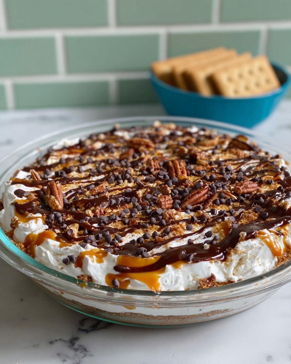 A clear glass pie dish holds a layered dessert sitting on a white marbled surface, with a light green brick wall in the background. The bottom layer is creamy white with a fluffy texture, topped with scattered small pecan pieces adding a brown, uneven texture. There are drizzles of dark chocolate syrup and amber caramel sauce spread unevenly over the top, creating glossy dark and orange lines. Finally, tiny semi-sweet chocolate chips cover the dessert, giving a textured and chocolatey brown finish across the surface. A blue bowl with rectangular graham crackers is blurred in the background. Photo taken with an iphone --ar 4:5 --v 7