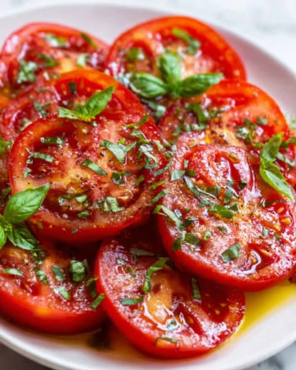 The image shows a close-up of several bright red tomato slices arranged in a white plate, each slice topped with small green basil leaves and finely chopped green herbs. A shiny olive oil drizzle glistens on the tomato surfaces, highlighting their juicy texture. The tomato slices are thick and fresh, layered closely but not overlapping, creating a vibrant mix of red and green colors. The scene is set on a white marbled surface. Photo taken with an iphone --ar 4:5 --v 7