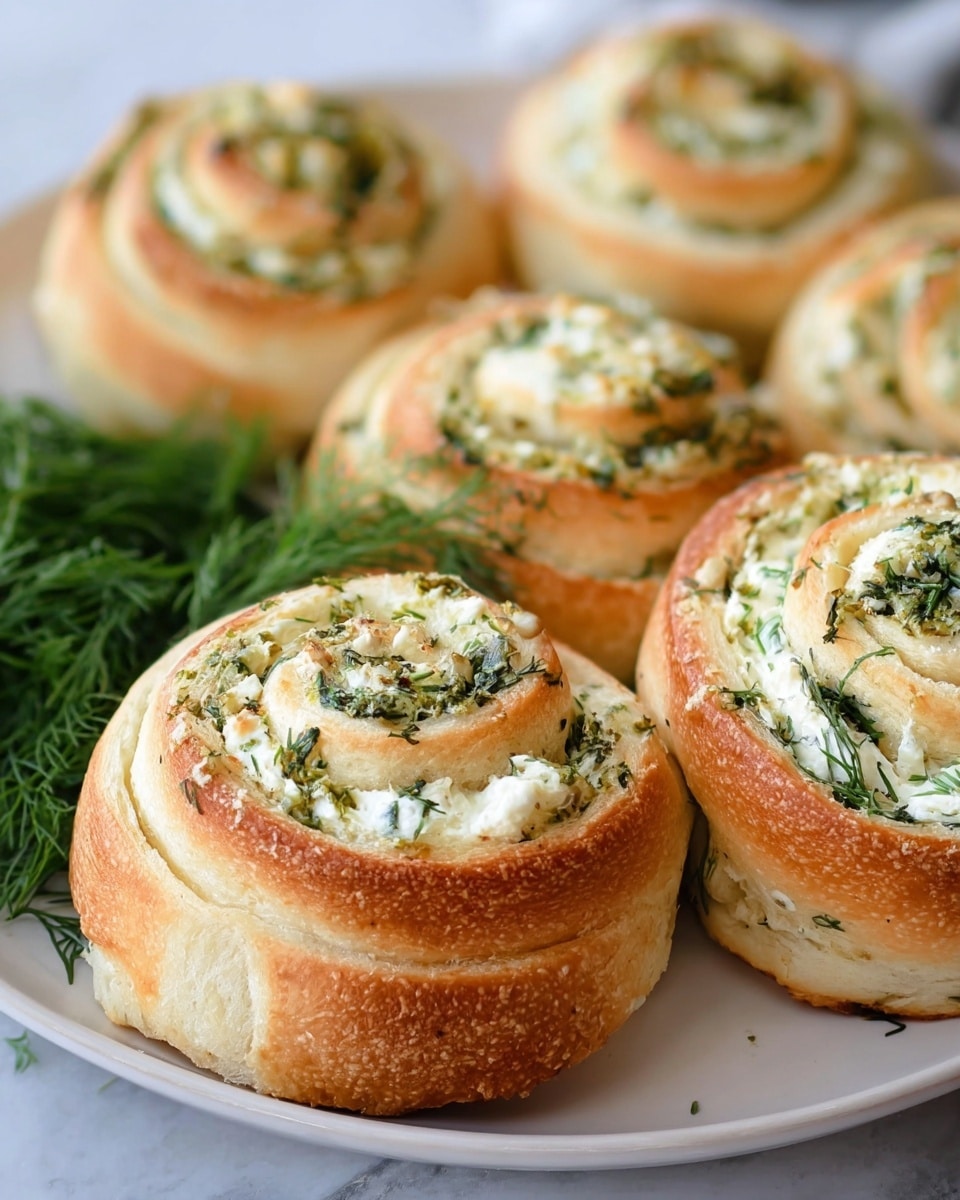 The image shows several golden-brown, spiral-shaped bread rolls with a creamy white filling swirled inside each roll, speckled with green herbs. Each roll has around three visible layers of dough spiraled tightly with the herb filling, giving a textured look. The rolls are placed on a white plate with fresh green dill sprigs on the side. The white marbled surface beneath the plate adds a clean and elegant background. photo taken with an iphone --ar 4:5 --v 7