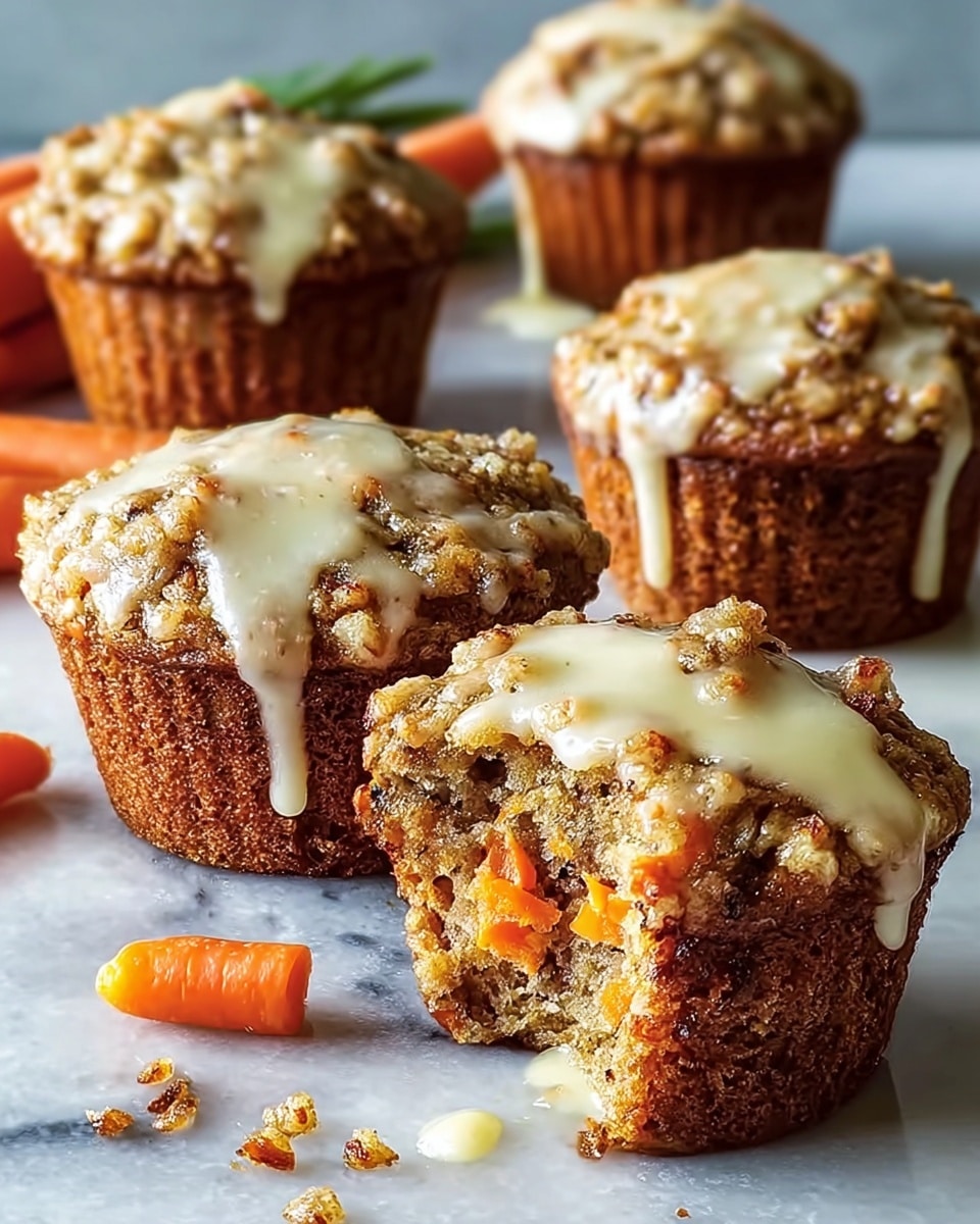 The image shows four muffins arranged on a white marbled surface, each muffin has two main layers: a golden-brown textured base filled with small orange carrot pieces, and a slightly cracked top layer with a crumbly texture. The muffins are topped with a drizzle of creamy white glaze that runs down the sides unevenly, adding a glossy contrast. One muffin is in the foreground with a small bite taken out and placed nearby, revealing the moist interior with bits of carrot. There are small whole baby carrots lying around the muffins, adding a pop of orange color to the scene. photo taken with an iphone --ar 4:5 --v 7