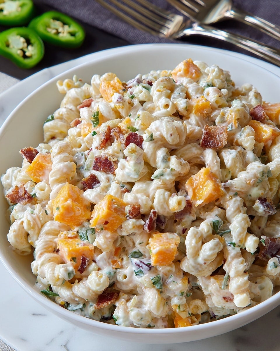 A white bowl filled with creamy pasta salad sits on a white plate over a white marbled texture. The salad has three main layers: the pale beige curly macaroni pasta as the base, bright orange cubes of cheddar cheese scattered evenly throughout, and small pieces of dark green jalapeños mixed with crumbled brown bacon bits. The pasta is coated in a thick white creamy dressing that holds all ingredients together, creating a rich texture. Two forks lie blurred in the background with some jalapeños nearby, adding context to the dish. photo taken with an iphone --ar 4:5 --v 7