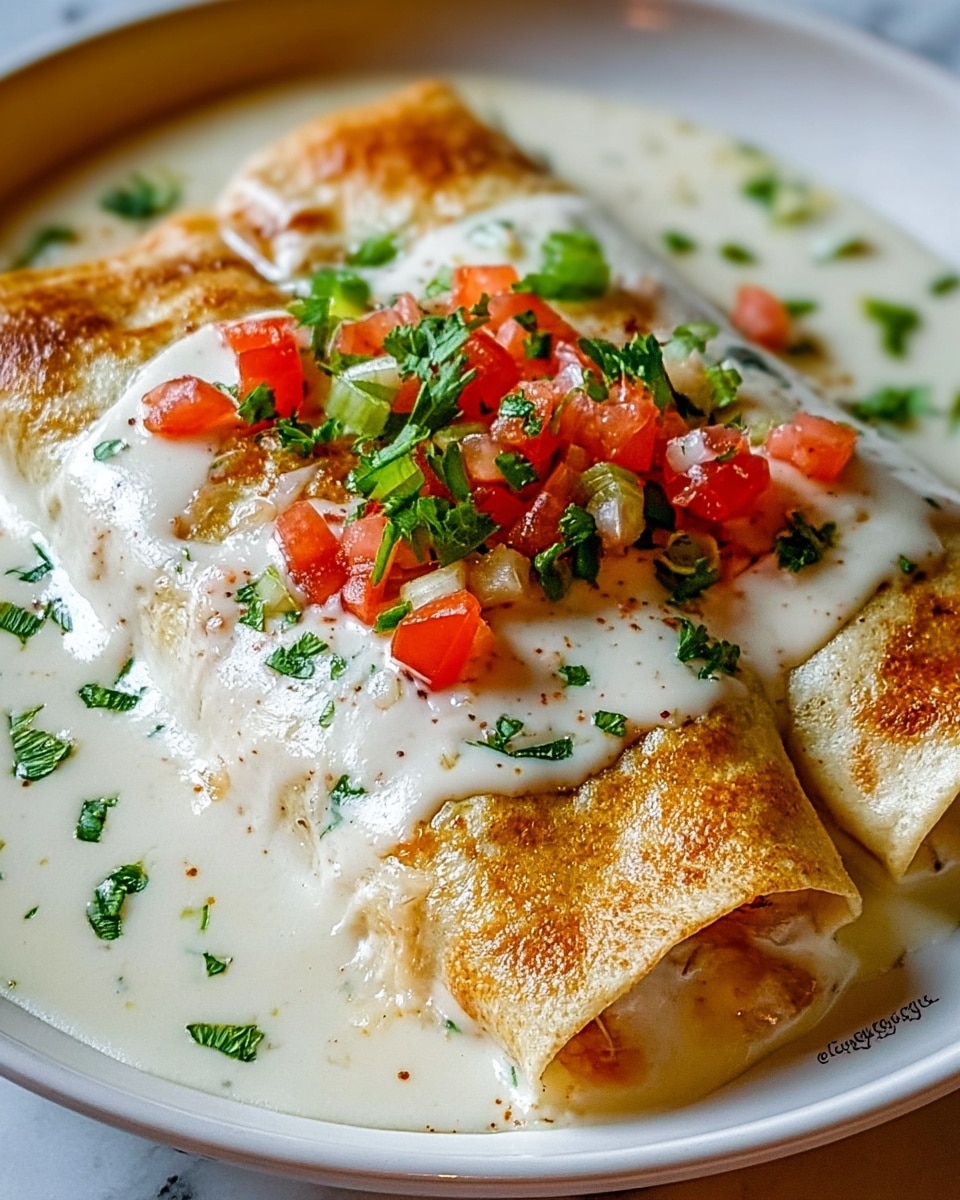 The image shows two rolled crepes on a white plate, covered with a thick layer of creamy white sauce that pools around the edges. The crepes are golden brown with a slightly crispy texture visible on the edges. On top, there is a colorful garnish made of small chunks of red tomato, finely chopped green onions, and fresh green herbs scattered over the sauce. The plate is placed on a white marbled surface, and the scene is brightly lit, highlighting the smooth sauce and fresh toppings. photo taken with an iphone --ar 4:5 --v 7