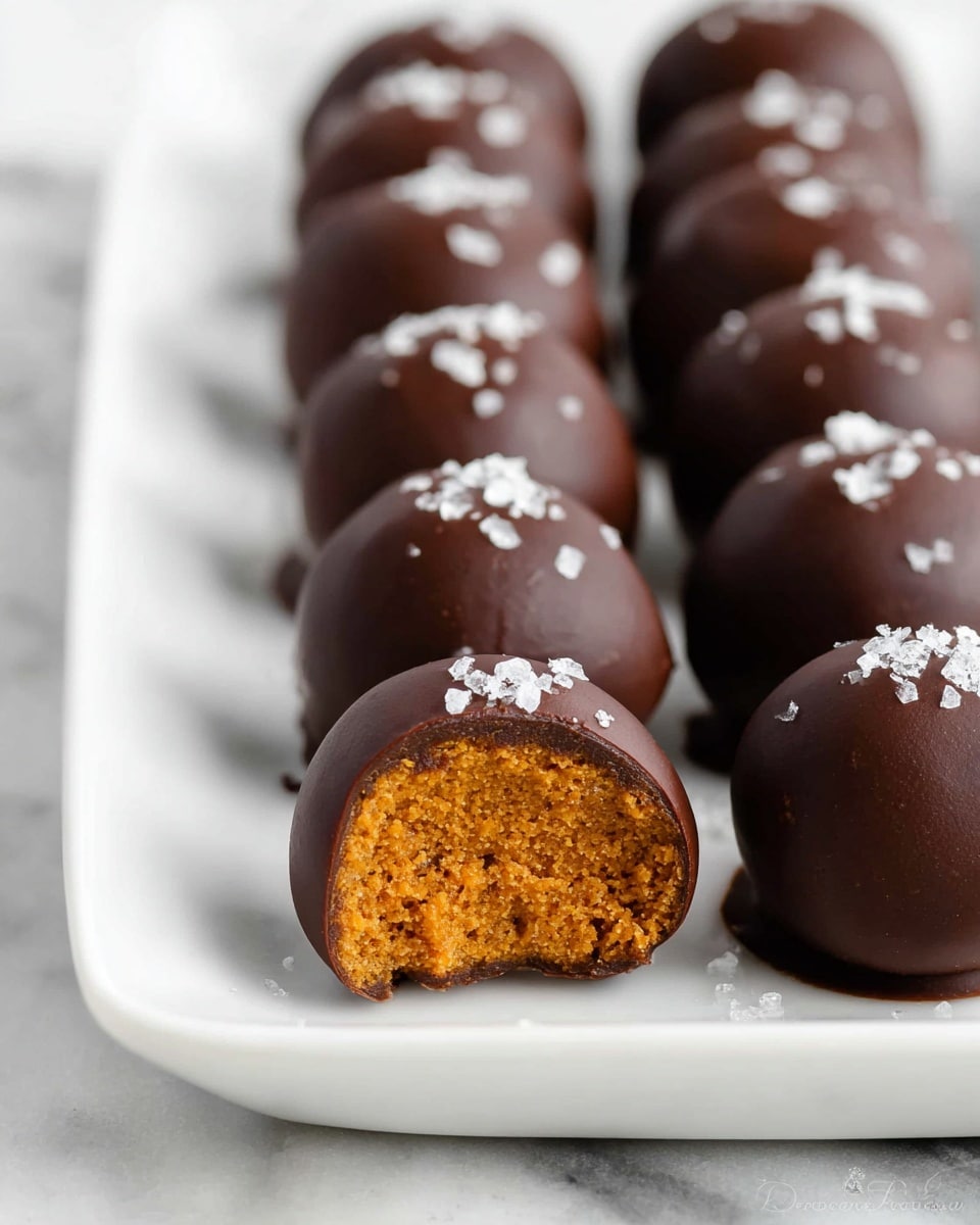 The image shows chocolate-covered round balls arranged in neat rows on a white rectangular plate set on a white marbled surface. Each ball has a smooth, dark chocolate outer layer with a slight shine and is topped with a small sprinkle of white flaky salt. The front row features a cut ball showing its inside, which is orange-brown in color, dense, and slightly crumbly in texture, filling almost the entire interior. The rows behind are out of focus but clearly display the same chocolate coating and salt topping. The overall look is clean, neat, and appealing. photo taken with an iphone --ar 4:5 --v 7