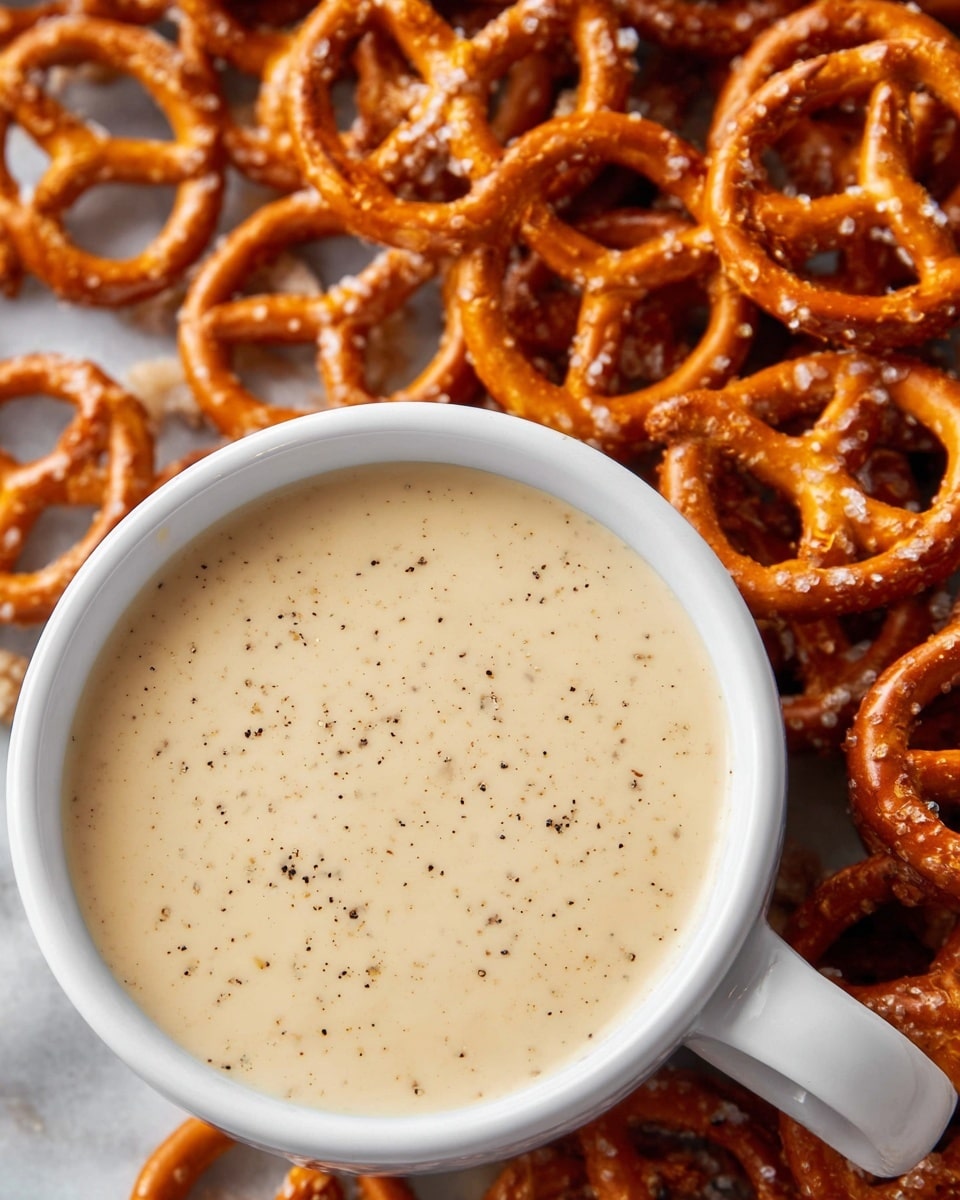 A close-up image shows a white cup filled with smooth, creamy cheese sauce speckled lightly with black pepper, surrounded by many small, shiny, golden-brown pretzels sprinkled with coarse salt. The cup sits on a white marbled surface that blends softly with the warm tones of the snack, creating a comforting and inviting scene. photo taken with an iphone --ar 4:5 --v 7