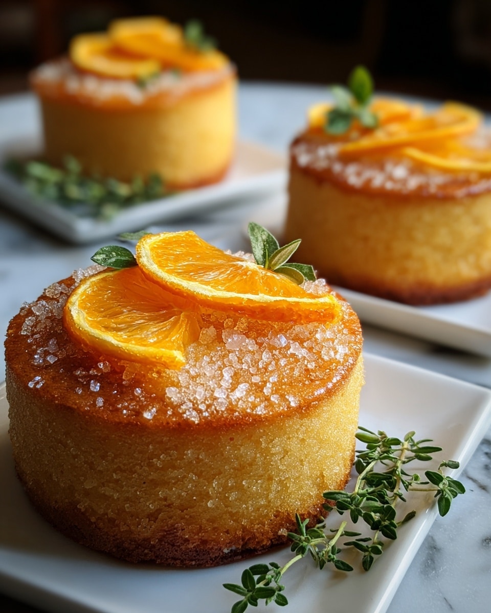 Three small, round orange cakes with one visible layer sit on white square plates over a white marbled surface. Each cake is golden brown with a slightly textured top sprinkled with coarse sugar crystals, adding a sparkling effect. On top of each cake are two fresh orange slices placed overlapping near the center, and the closest cake also has a small sprig of fresh green herb resting beside the orange slices. The background is softly blurred, highlighting the cakes as the main focus. photo taken with an iphone --ar 4:5 --v 7