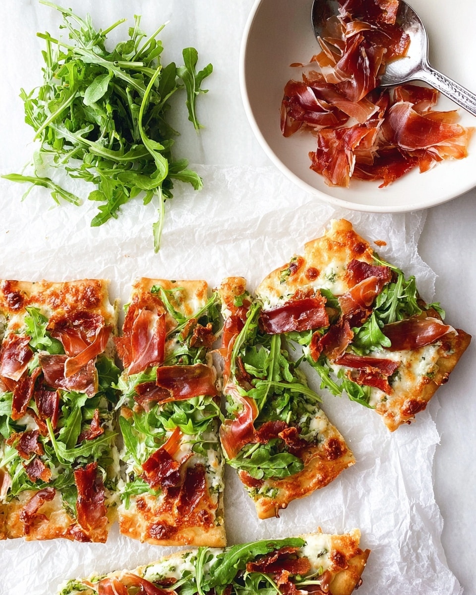 The image shows flatbread cut into long rectangular slices arranged on white crumpled paper over a white marbled surface. Each slice has a golden-brown toasted crust at the bottom, a creamy white melted cheese layer, topped with bright green fresh arugula leaves, and scattered pieces of crispy reddish-brown prosciutto. On the upper right side, there is a white bowl filled with more prosciutto. A metal spoon rests beside the bowl, holding a small pile of prosciutto. A small pile of fresh arugula leaves is placed on the left side of the flatbread slices. The overall scene is bright and fresh. photo taken with an iphone --ar 4:5 --v 7