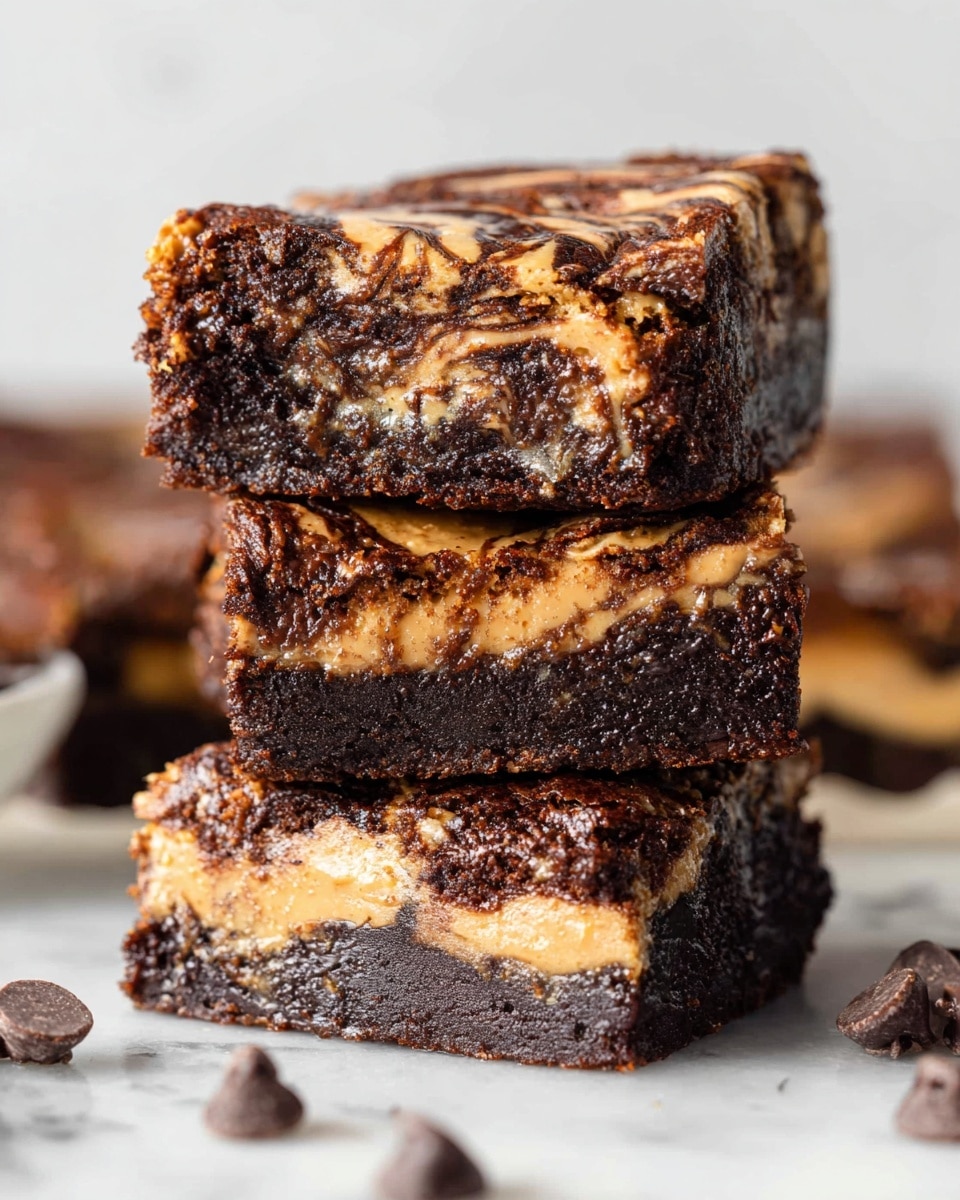 A tall stack of three thick brownies shows clear layers of dark chocolate and creamy peanut butter swirled together. Each layer is uneven, with rough edges and a glossy, slightly melted texture that looks soft and gooey. The top of the stack has a marbled pattern where the dark chocolate meets the light peanut butter, adding a rich contrast. The brownies sit on a white marbled surface with a few chocolate chips scattered in front, giving a sense of the ingredients used. The background is softly blurred in white, making the dessert the main focus. photo taken with an iphone --ar 4:5 --v 7