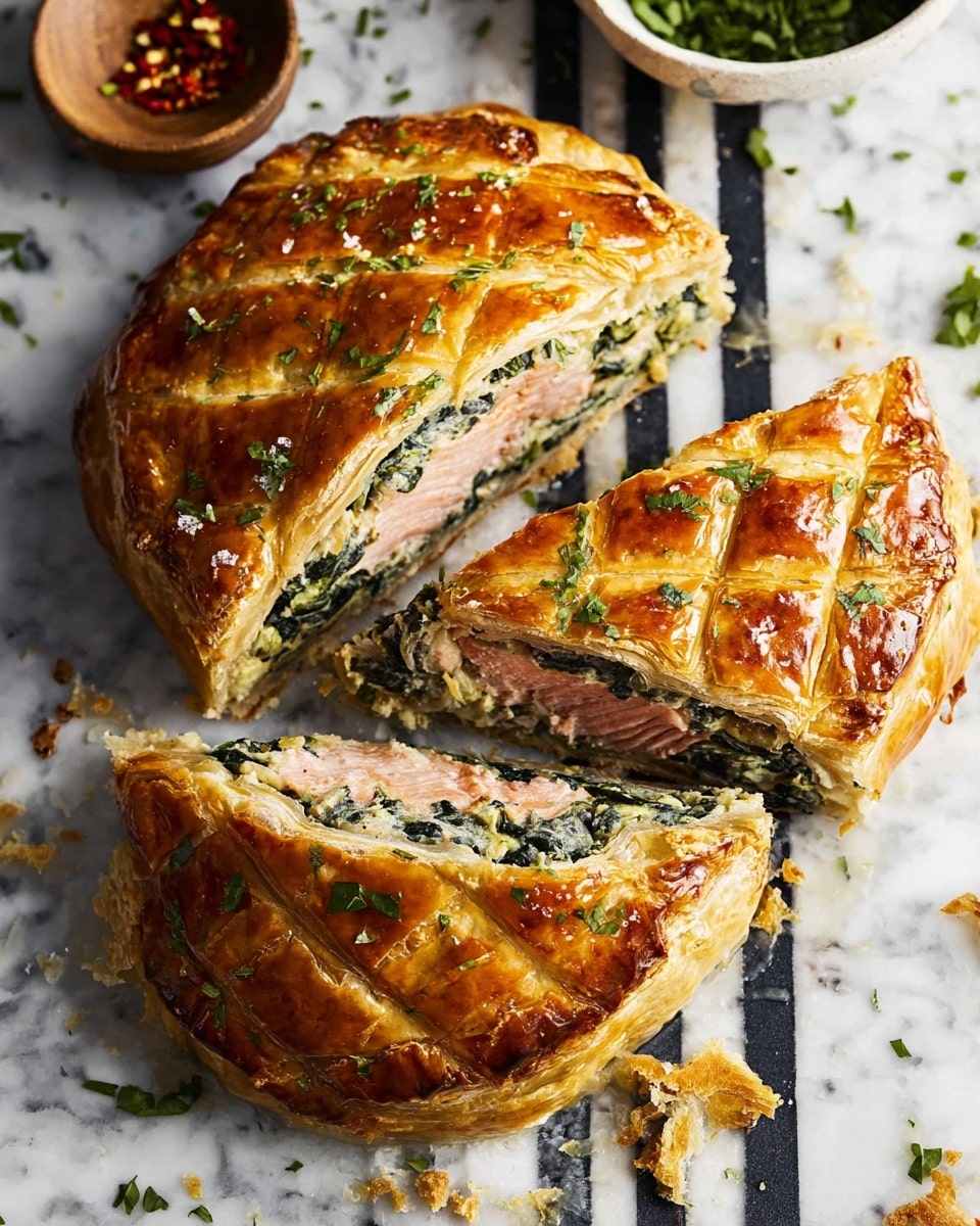 The image shows a golden brown, flaky pastry pie with a crisscross pattern on top sprinkled with chopped green herbs. The pie is cut in half, revealing thick layers inside—a pink salmon fillet at the center, surrounded by a creamy layer with green spinach pieces, all wrapped in the flaky pastry crust. The pie sits on a white marbled surface with black stripes, with some scattered herb bits and crumbs around. On the top right, there is a white bowl partially visible, filled with fresh chopped herbs and a smaller wooden bowl with red chili flakes. Photo taken with an iphone --ar 4:5 --v 7