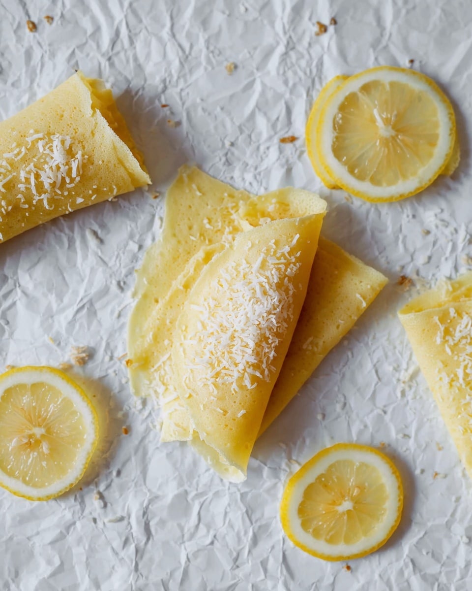 The image shows thin yellow rolls made from flat sheets, each sprinkled with white shredded coconut on top. One roll lies flat and is cut into two pieces, showing a smooth and soft texture. Another roll stands upright, partially unrolled, revealing the coconut-covered surface inside. Nearby, a white bowl holds several yellow lemon wedges. The items rest on crinkled white paper over a white marbled surface, giving a fresh and clean look. photo taken with an iphone --ar 4:5 --v 7