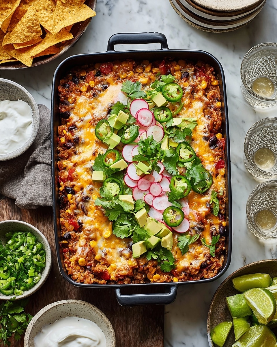 A black rectangular baking dish sits on a white marbled textured surface, filled with a layered casserole. The bottom layer is a grain mix with black beans, corn, and diced tomatoes, showing a textured, colorful base. The middle layer is melted cheese, creamy white and golden yellow, spread evenly over the grains. On top, there is a fresh, vibrant layer of toppings arranged mostly in a central strip, featuring sliced radishes in white with red edges, diced bright green avocado chunks, dark green cilantro leaves, and sliced green jalapeños. Surrounding the dish, there are small bowls with sour cream and green onions, a white bowl of tortilla chips on the right, and crystal-clear glasses with lime wedges below. Photo taken with an iphone --ar 4:5 --v 7