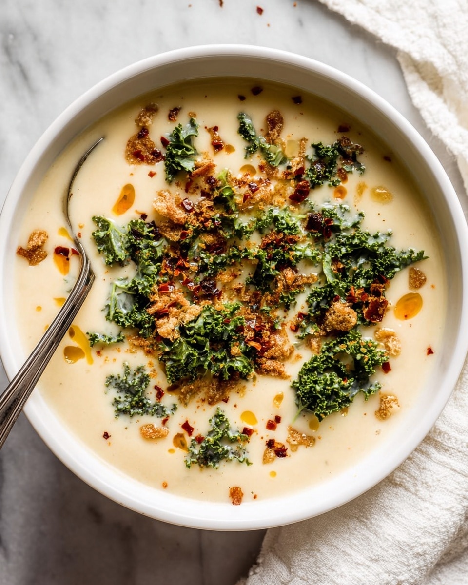 A white bowl filled with creamy beige soup as the base layer, topped with scattered dark green kale leaves adding a fresh texture, and golden-brown crispy crumbled bits spread evenly on top, along with small drops of orange oil and red chili flakes giving a spicy accent. A silver spoon is placed inside the bowl on the left side. The bowl sits on a white marbled surface with part of a white cloth visible on the lower right side. Photo taken with an iphone --ar 4:5 --v 7