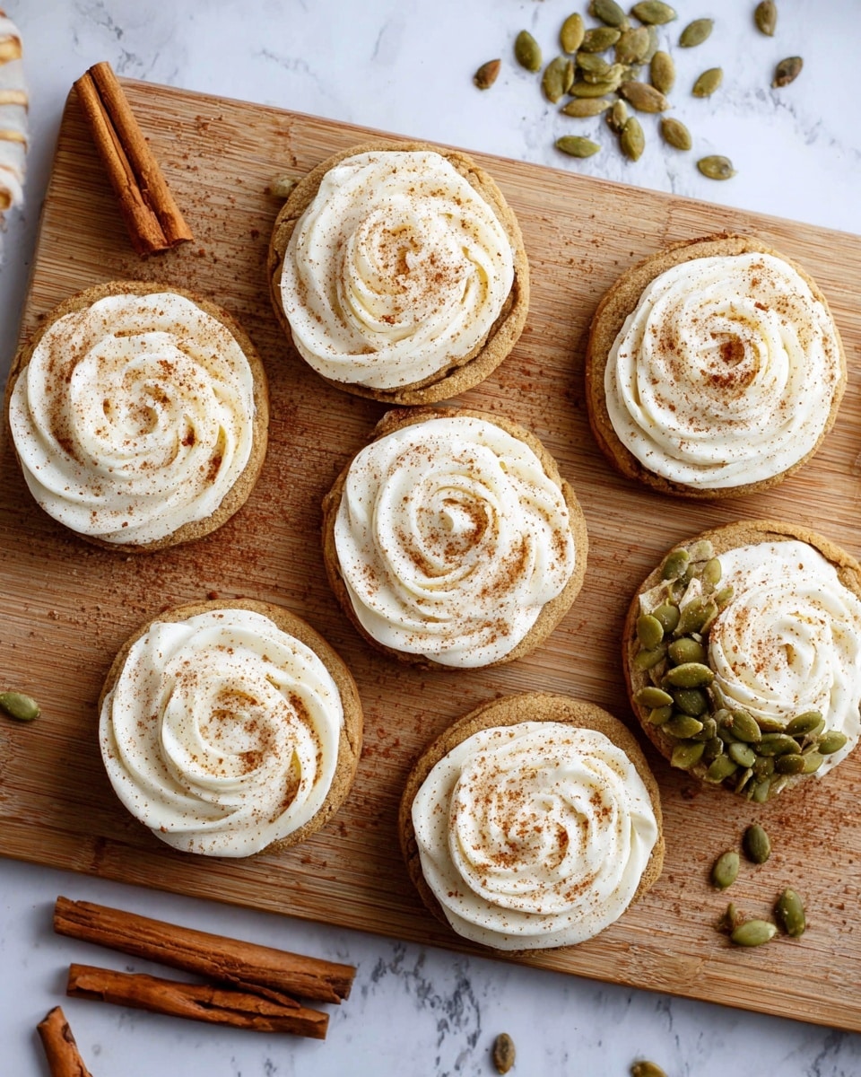 Six round cookies with a light brown color are arranged on a wooden board. Each cookie has a thick layer of white cream swirled on top in a rose pattern, sprinkled with a light dusting of cinnamon powder. Two of the cookies have an extra topping of green pumpkin seeds on one side of the cream. The board rests on a white marbled surface, with a few cinnamon sticks and extra pumpkin seeds scattered nearby. photo taken with an iphone --ar 4:5 --v 7