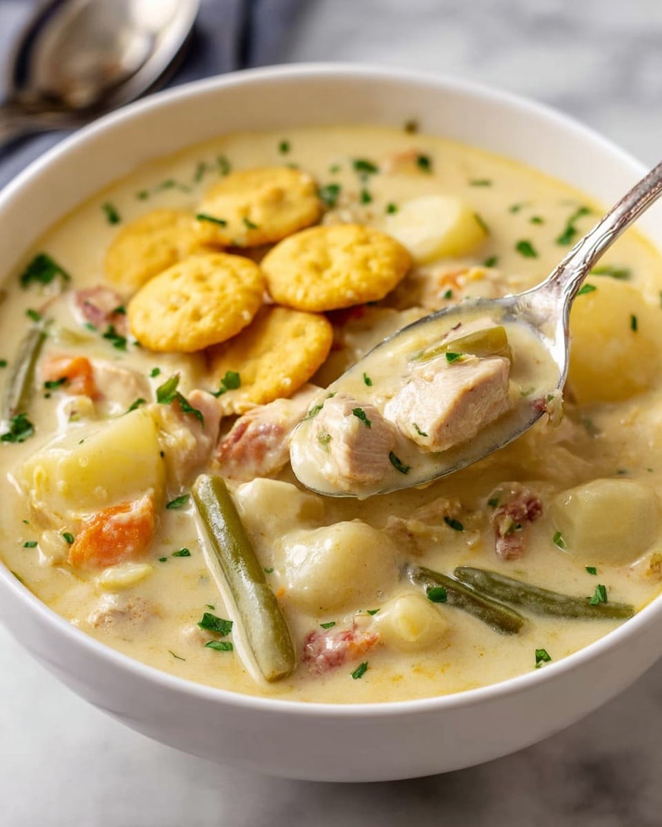The image shows a white bowl filled with thick, creamy soup that has a pale yellowish-beige base. The soup contains several layers of ingredients: small round yellow crackers on top, chunks of light brown turkey or chicken, slices of pale green beans, small pieces of orange carrots, and white potatoes or dumplings, all mixed evenly in the creamy broth. The soup is sprinkled with bright green chopped herbs, adding a fresh look. A silver spoon dips into the soup, lifting some crackers and meat, showing the creamy texture and mixture. The bowl is set against a white marbled textured surface. photo taken with an iphone --ar 4:5 --v 7