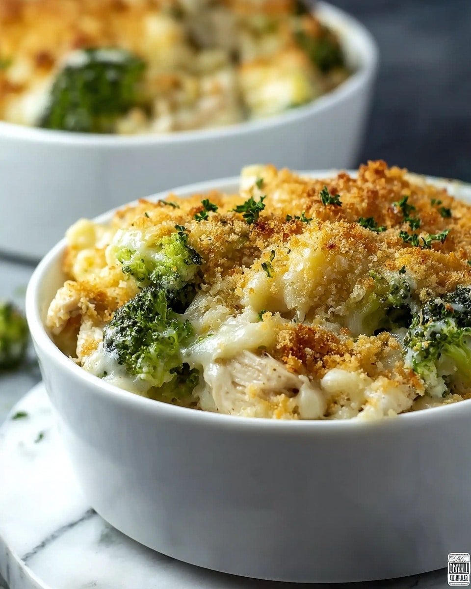 A white bowl filled with a creamy baked casserole showing a golden brown crispy breadcrumb topping with scattered small green broccoli florets, underneath is a thick layer of cheesy sauce mixed with pieces of chicken and broccoli, the texture looks creamy and soft contrasting with the crunchy top layer, the bowl sits on a white marbled surface, another similar dish is blurred in the background. photo taken with an iphone --ar 4:5 --v 7