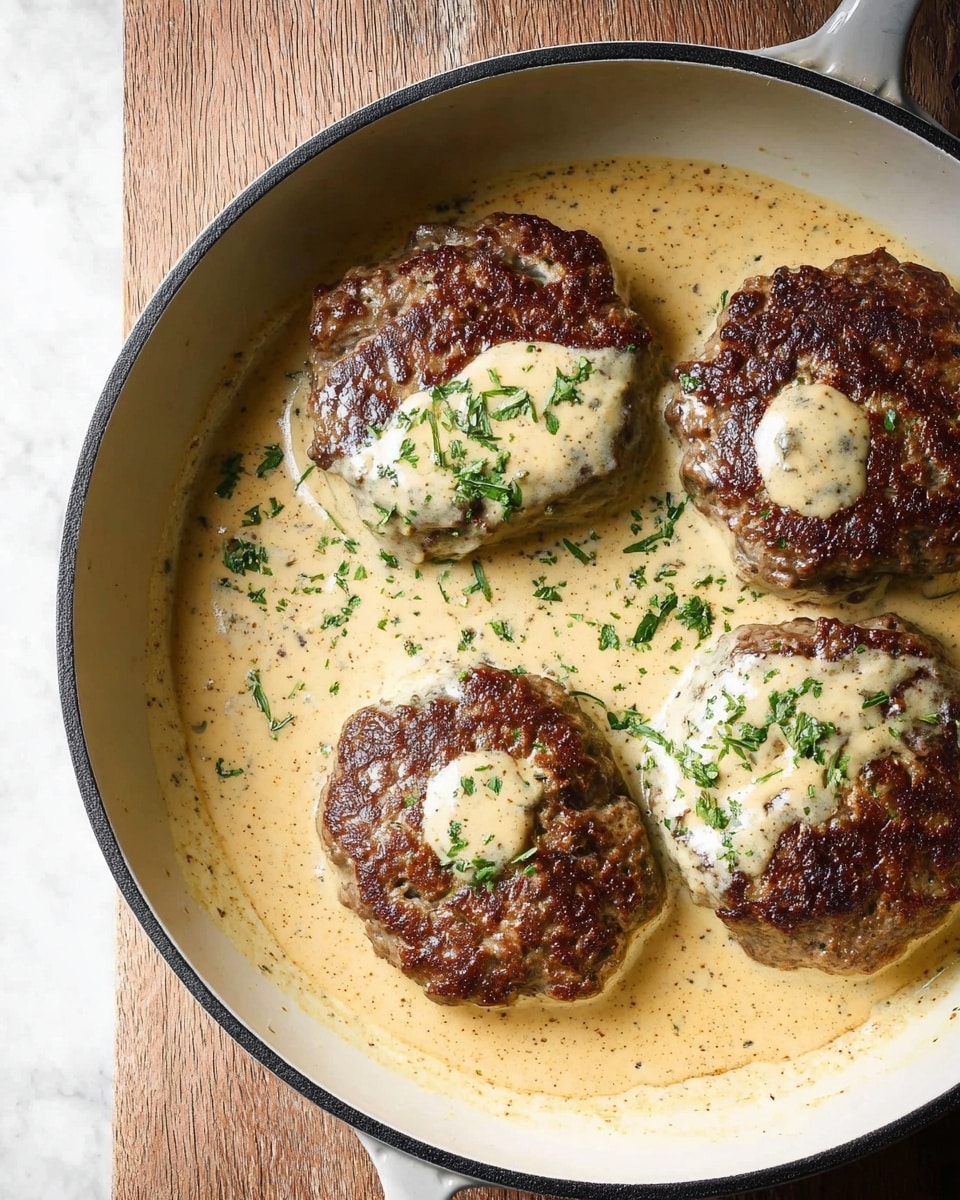 The image shows four browned patties in a white pan filled with a creamy beige sauce. Two of the patties have dollops of sauce on top, and there's a sprinkle of fresh green herbs on the patties and sauce. The sauce looks thick and smooth, covering the bottom of the pan and surrounding the patties. The white pan has a black rim and is placed on a white marbled textured surface. photo taken with an iphone --ar 4:5 --v 7