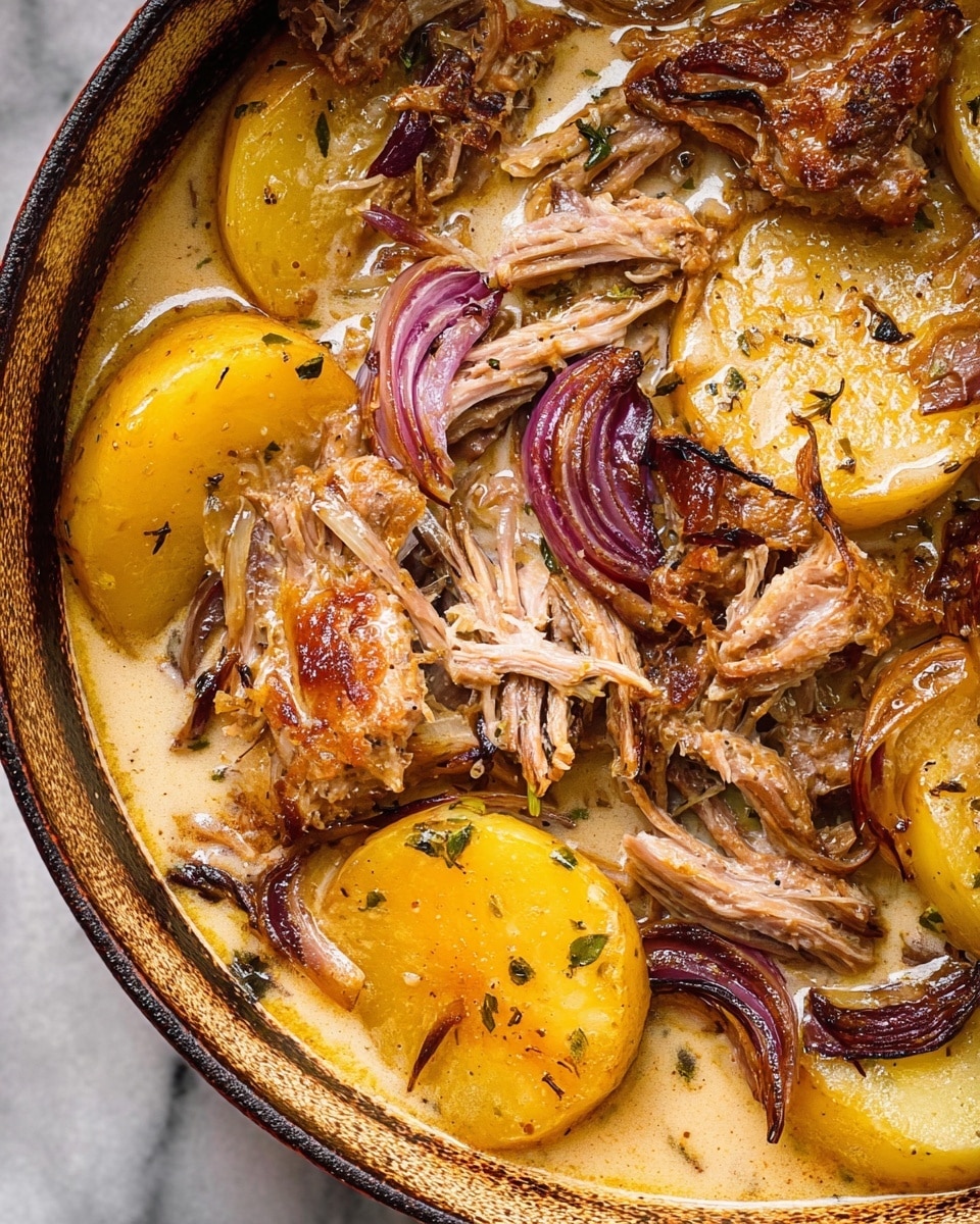 The image shows a close-up of a cooked dish with several layers in a pot: the bottom layer is a creamy light brown sauce with small flecks of herbs evenly spread throughout; floating within the sauce are slices of golden-yellow potatoes with a soft texture; on top of the sauce and potatoes are tender shredded pieces of meat with a mix of golden brown crispy edges and juicy, fibrous interiors; scattered among the meat are caramelized, translucent slices of red onions adding purplish accents; all elements appear rich and moist, bathing in the sauce inside a rustic container; the background is a smooth white marbled surface. photo taken with an iphone --ar 4:5 --v 7