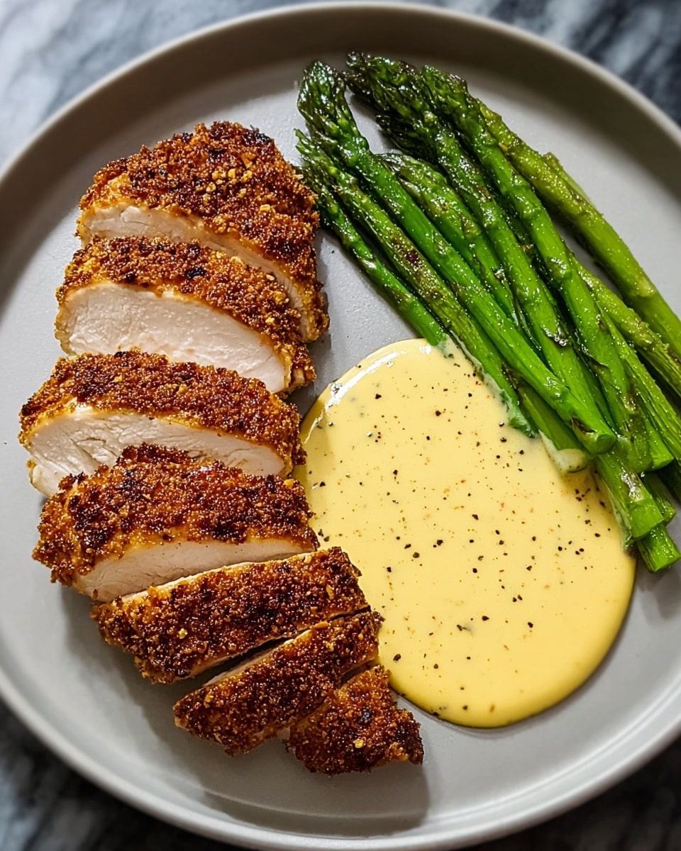 A white plate with five pieces of sliced, golden-brown crispy chicken breast arranged in a curved line on the left side. The chicken has a crunchy, crumbly texture on the outside and tender white meat inside. To the right of the chicken, there is a light yellow creamy sauce with visible black pepper specks, spread in a rounded shape. Above the chicken and sauce, several bright green asparagus spears lie horizontally, showing a shiny, slightly grilled texture. The plate is set on a white marbled surface. photo taken with an iphone --ar 4:5 --v 7